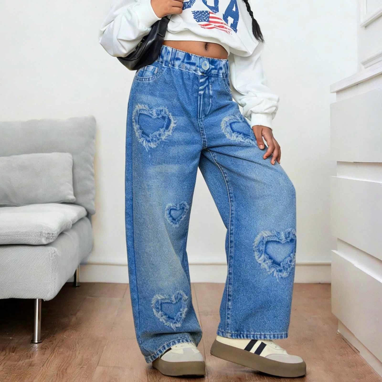 Girls Wide Leg Pants Faux Denim Capri Pants Cropped Pull On Elastic Waist Trousers Heart Rip Casual Outfit Bottoms