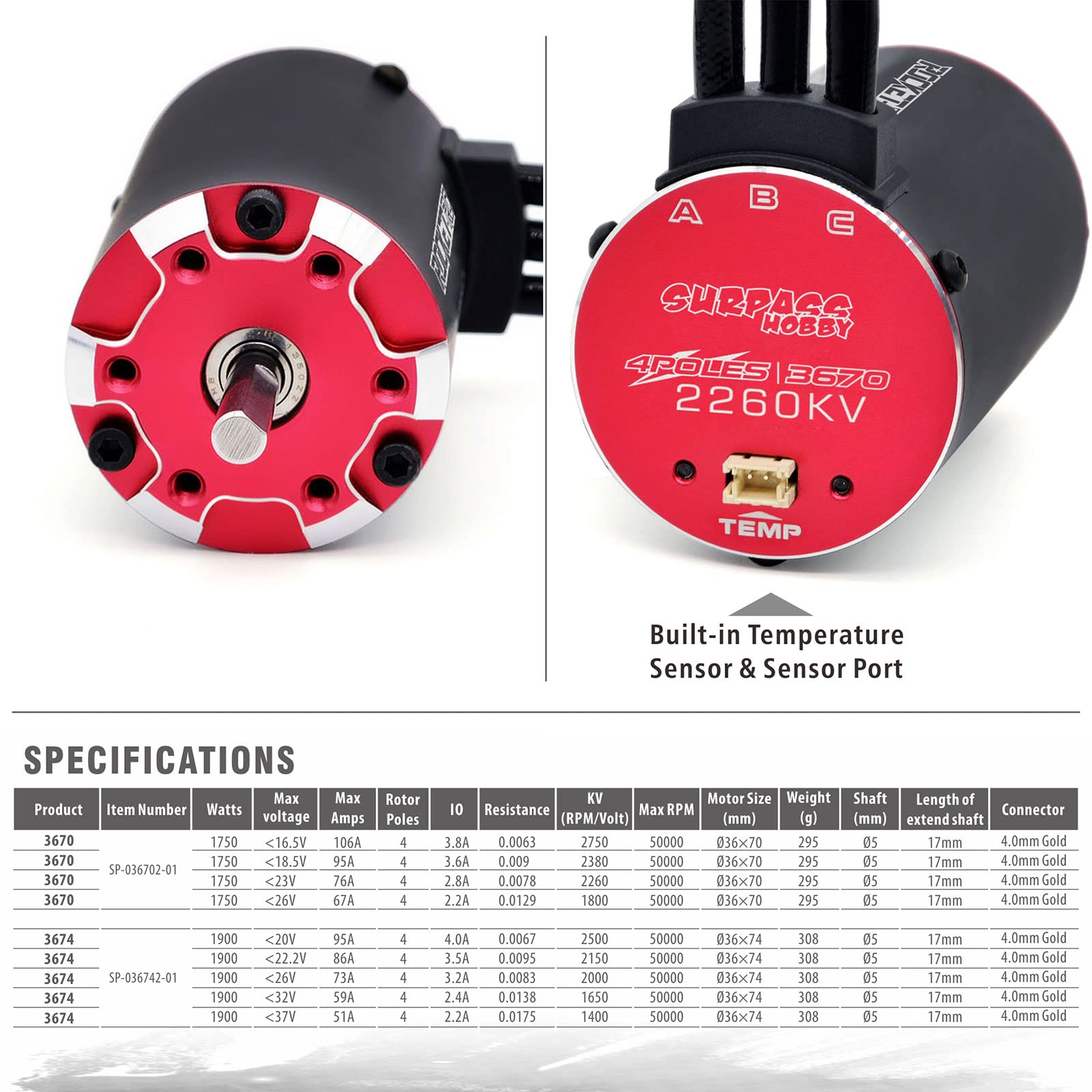 Superare Supersonic Rc Brushless Motor 3670 2260kv, 4 poli e costruito in sensore di temperatura motore e sensore porta per 1/10 RC auto veicolo