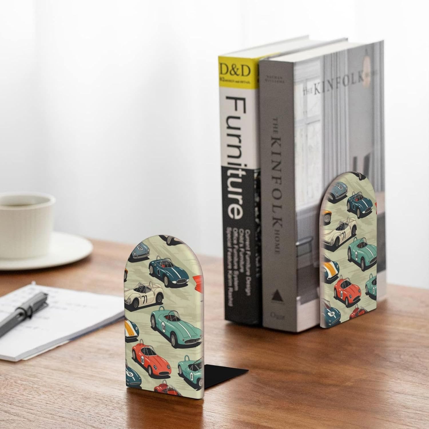 Decorative Bookends Cool Race Cars Pattern Kids Wood Bookends 2 Pcs Book Stoppers for Shelves Desk Non-Skid Modern Bookends for Office Kitchen School