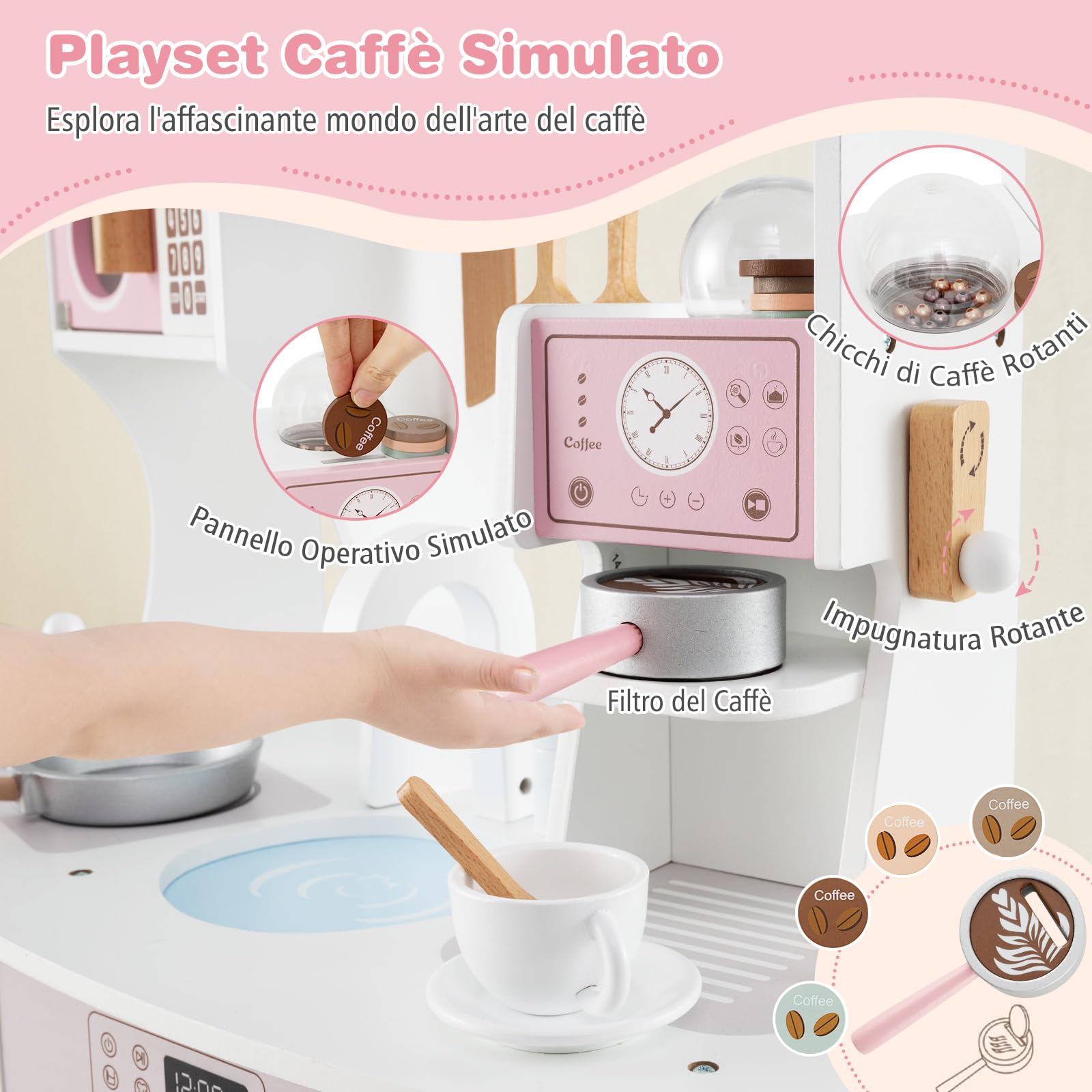 COSTWAY Cucina Giocattolo con Macchina da Caffè, Forno e Lavatrice, Cucina per Bambini in Legno con Microonde e Lavandino, Set Cucina con 13 Accessori, 70 x 30 x 88 cm, per Bambini 3+ Anni