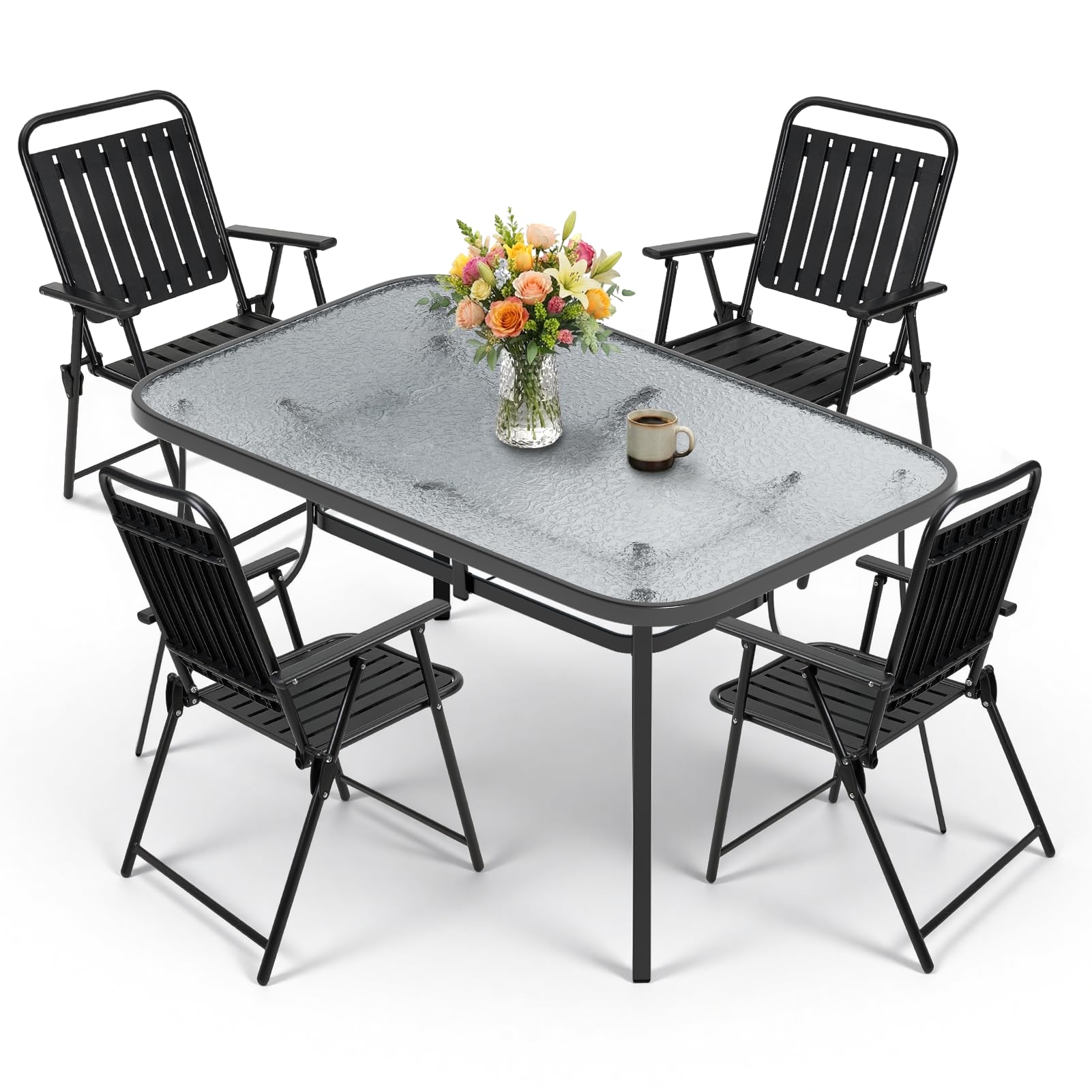 Warmiehomy 4 Seater Garden Furniture Set, Metal Garden Table and Chairs Set with Parasol Hole, Weather Resistant Garden Dining Set with Folding Chairs & Glass Top Rectangular Table for Outdoor, Black
