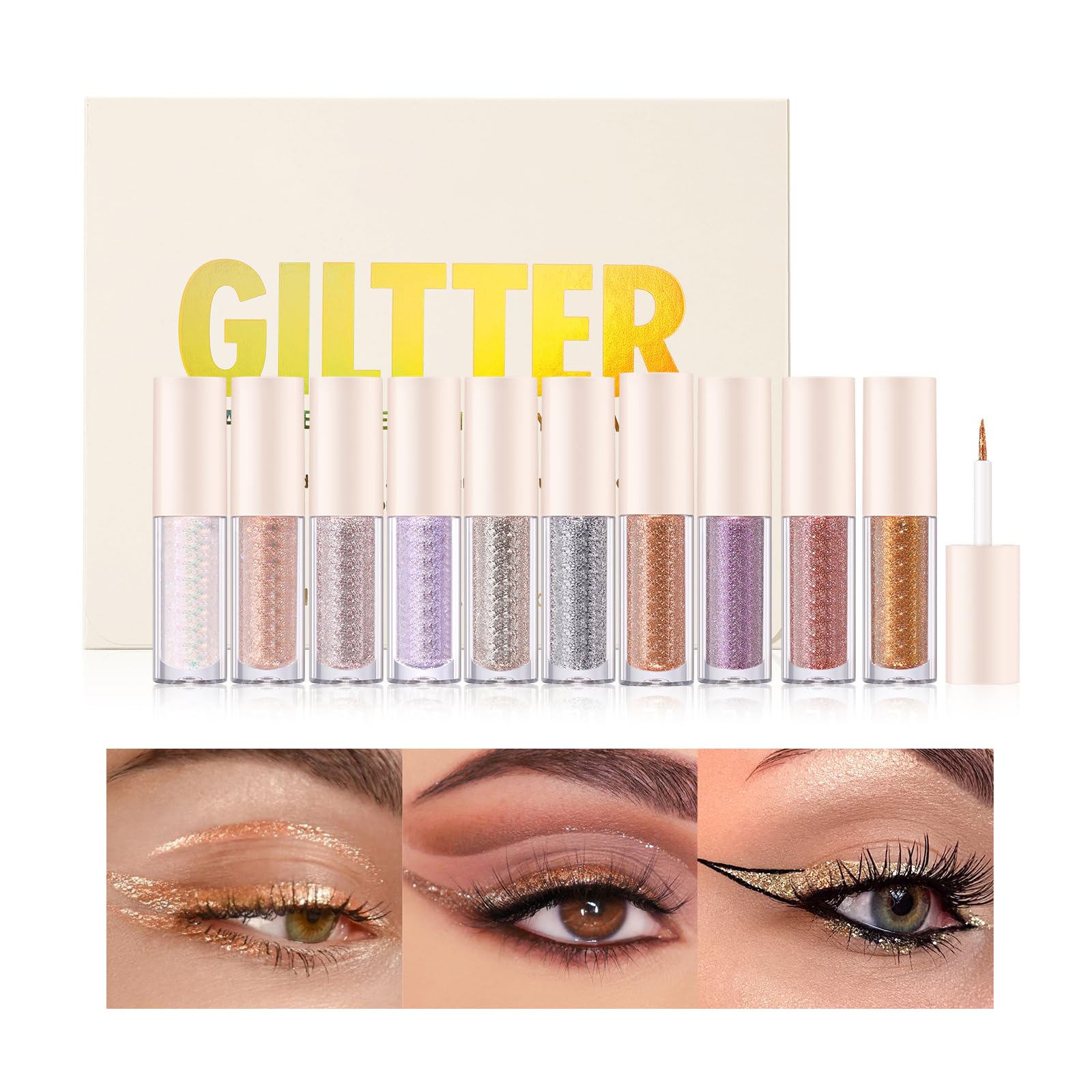 10 Colors Liquid Glitter Eyeliner Set, Metallic Shimmer Glitter Eye Liners Eyeshadow for Women, Colored Eyeliners Sparkly Glitter Eyeliner Eye Liner Set White Silver Rose Gold Pink Color Eyeliner