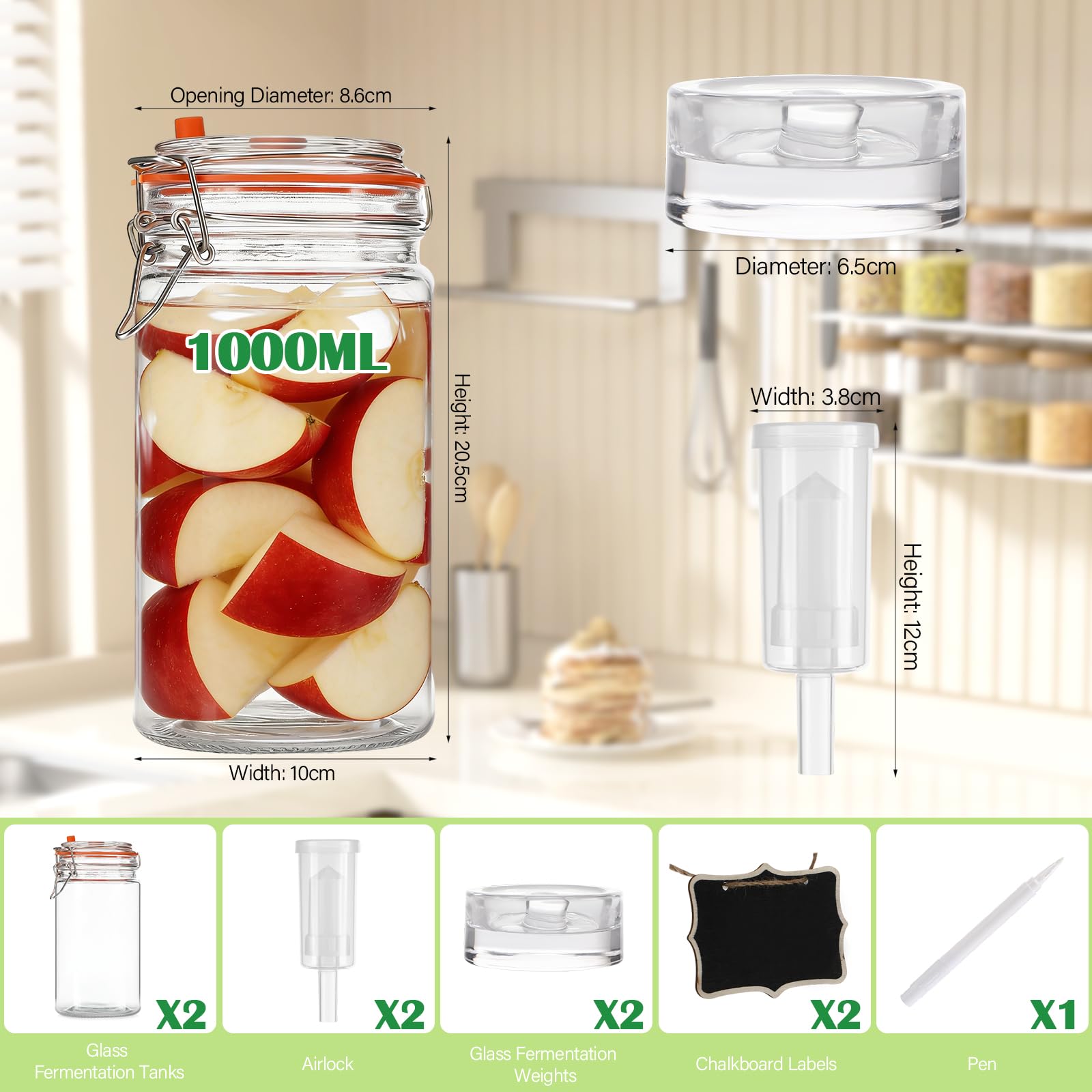 2 Piezas Tarros de Fermentación con Cierre de Aire,1000ml Fermentadora con Pesos, Tarros de Cristal con Tapa Hermética, Vasos de Cristal Transparente, para Kimchi, Kombucha y Encurtidos — view 2