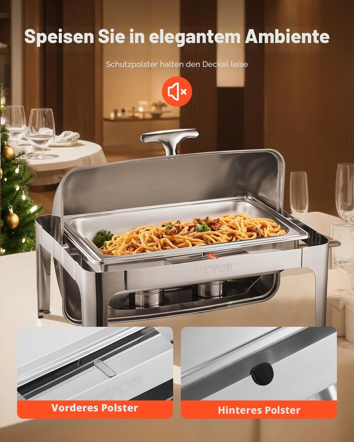 VEVOR Chafing Dish Set Speisenwärmer Edelstahl mit Pfannen in voller Größe (8,5 L), rechteckiger Wärmespender mit Roll Top Deckel & Wasserpfannenständer & Brennstoffhalter, für Buffet Silber