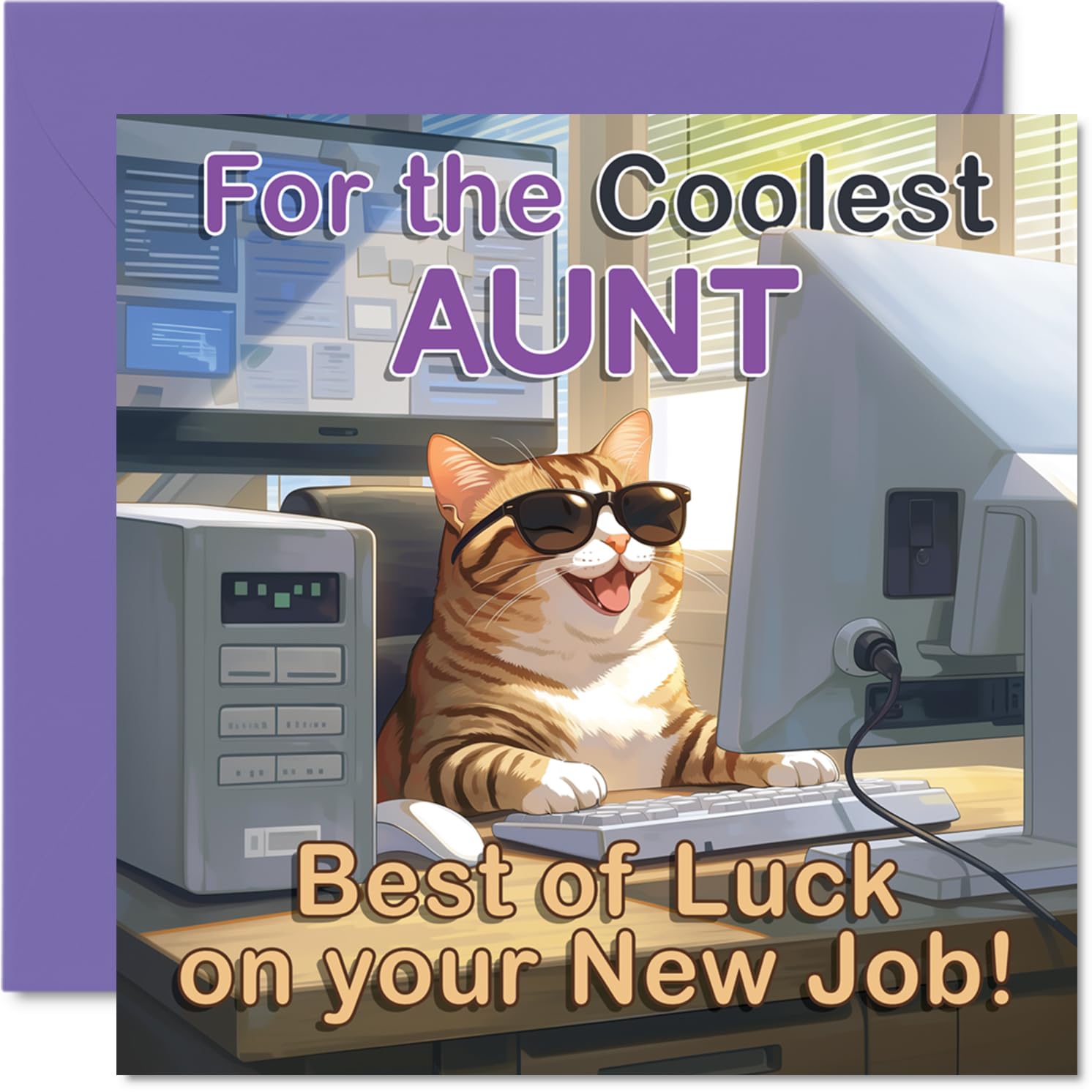 Supportive New Job Card for Aunt - Cheeky Cat in Sunglasses Brings a Smile - Fun Computer Motif for a New Adventure - 145mm Square, Envelope Included