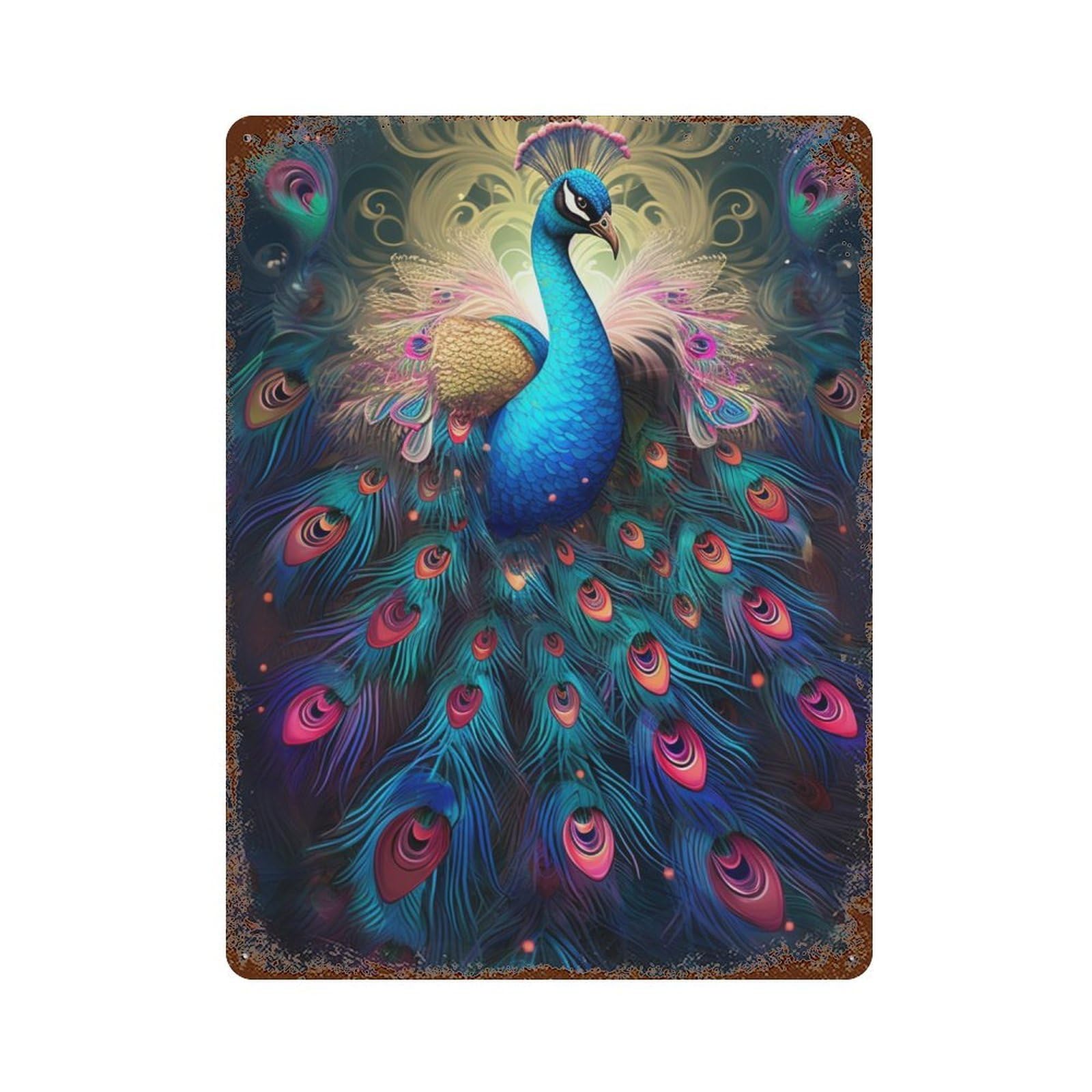 Colorful Peacock Art Print-6 Weathered Tin Sign 15.7"x11.8", Rustic Home Decor for Garage, Pub Or Kitchen