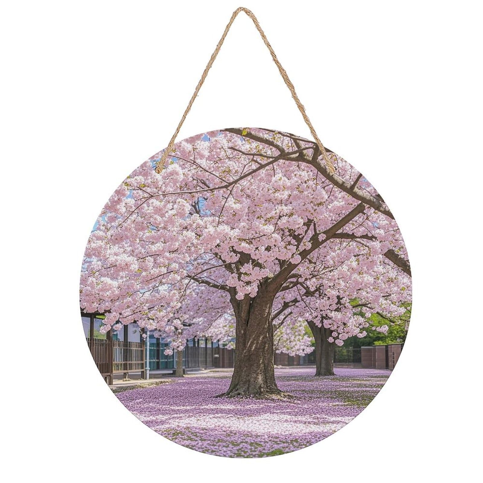 FekiLoot Round Cherry Blossom Wall Art Decor Painting Wooden Hanging Sign with Ropes Bohemian Wall Hanging Retro Mid Century Modern Wall Art for Home Bedroom Living Room 7.9x7.9 in