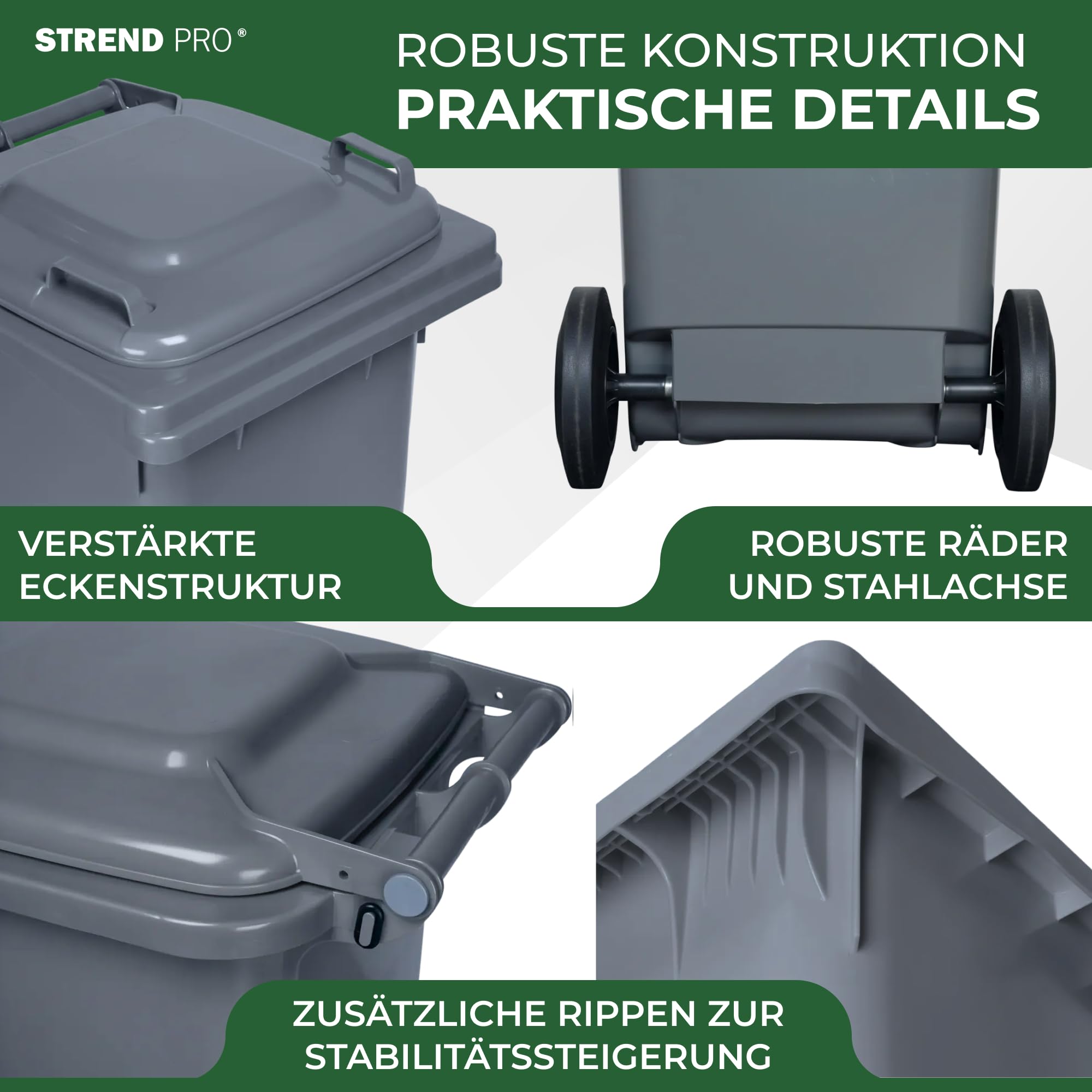 STREND PRO Mülltonne 120L Grau mit Deckel & Rädern