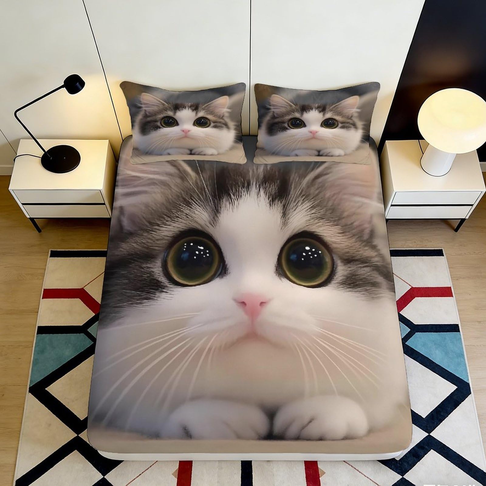 3D Printed Cute Cat Fitted Sheet Microfiber Soft Breathable Cartoon Kitten Mattress Cover for Bedroom Dorm Decor 90x200x25cm
