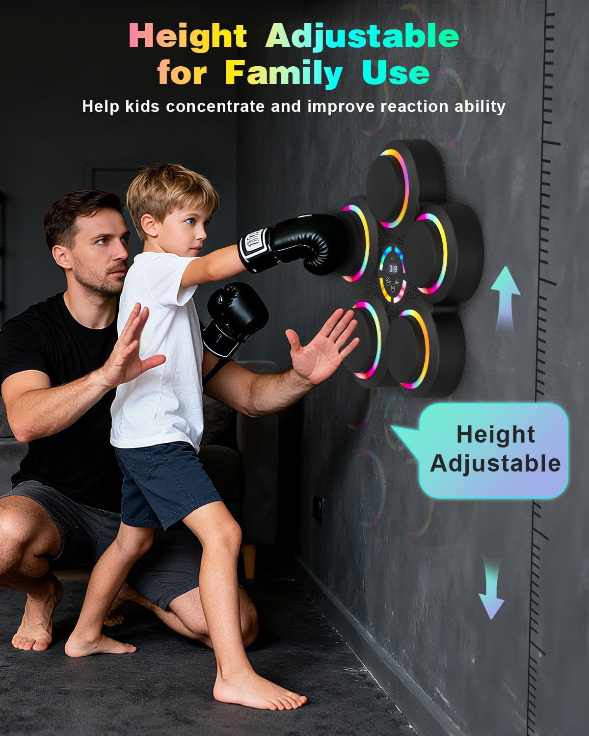 AONESY Musik-Boxmaschine für Erwachsene, 6+2 Ziele Bluetooth-Smart-Box-Trainingsgerät mit LED-Leuchten und Handschuhen, Musik-Boxmaschine mit 9 Modi und 9 Geschwindigkeiten für das Heim-Fitnessstudio