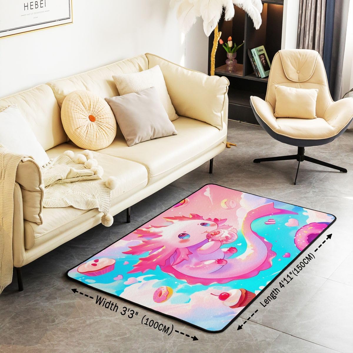 jejeloiu Cute Axolotl Area Rug 3x5 Polyester Rainbow Donut Living Room Rugs for Bedroom Cartoon Animal Decor Carpet Glitter Galaxy Indoor Floor Mat Soft Non-Slip