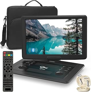 Finelivingideas 15.6" Portable DVD Player with Bluetooth Headset, Swivel HD Screen, 5Hr Battery, Car Bag - Region Free, No Blu-ray