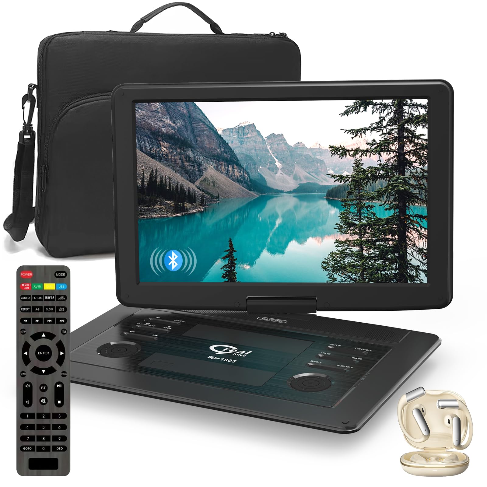 18" Portable DVD Player with Bluetooth Headset,15.6" HD Swivel Screen with Extra Carrying Bag,Support AV-in/Out and Multiple Disc Formats,High Volume Speaker,Black,[Not Support Blu-Ray]