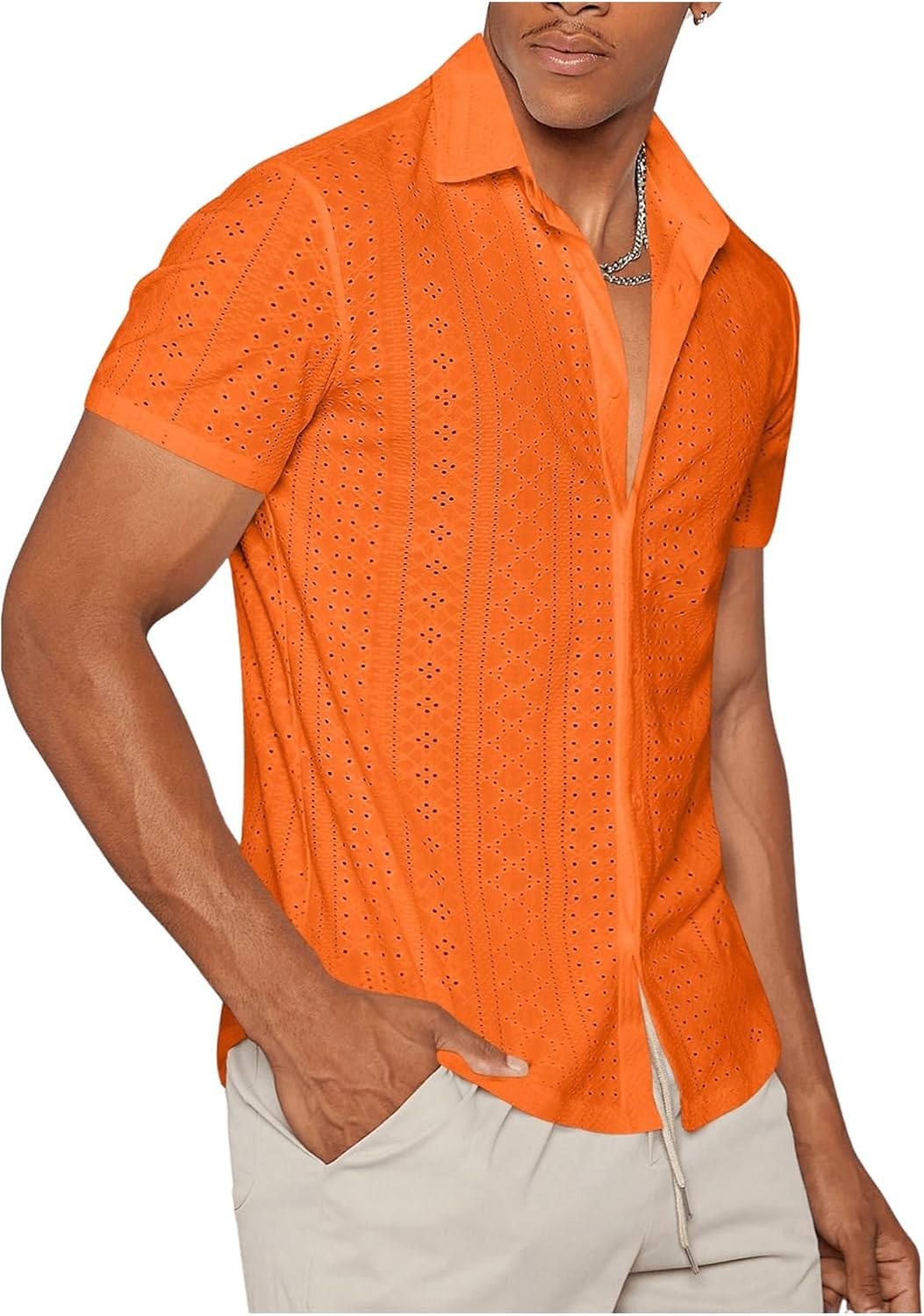 WDIRARA Men's Hollow Out Button Down Shirts Summer Collared Neck Short Sleeve Shirts - Image 3