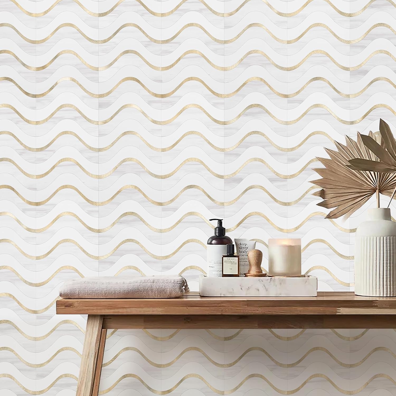 Vamos Tile 10-Sheet Peel and Stick Backsplash Seamless Tile,Stick on Backsplash for Kitchen and Bathroom, Dolomite Gray+ Pure White PVC Mixed Metal Light Gold Self Adhesive Wall Tiles