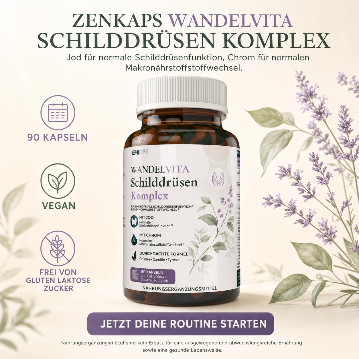 WANDELVITA Schilddrüsenkomplex – 90 vegane Kapseln – mit Jod & Chrom für normale Schilddrüsenfunktion und normalen Makronährstoffstoffwechsel – L-Carnitin, Grüntee, Grünkaffee, Tyrosin