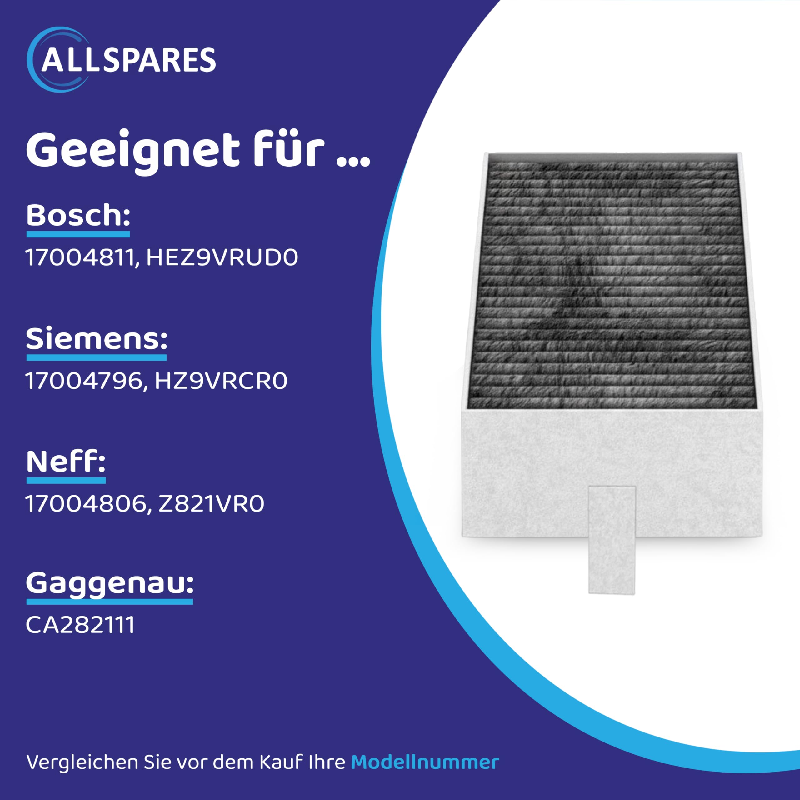 AllSpares CleanAir Aktivkohlefilter 4er Set – passend für Siemens HZ9VRCR0, 17004796 | Bosch HEZ9VRCR0, HZ9VRCR0 | Neff Z821VR0 | Gaggenau CA282111 | Constructa CZ9VRCR0 | 192x75x35 mm