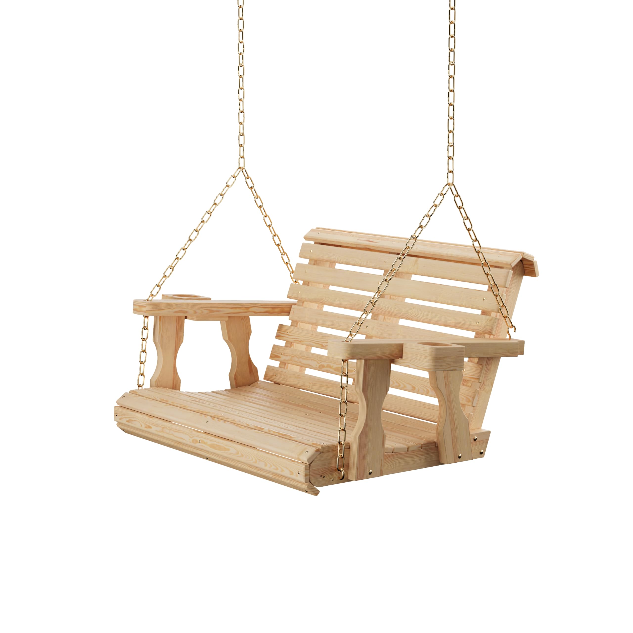 Amish Casual Heavy Duty 700 Lb Capacity Porch Swing with Cup Holders (3 Foot, Unfinished) – Wooden Outdoor Roll Back Swing with Hanging Chains – Amish Made in the USA