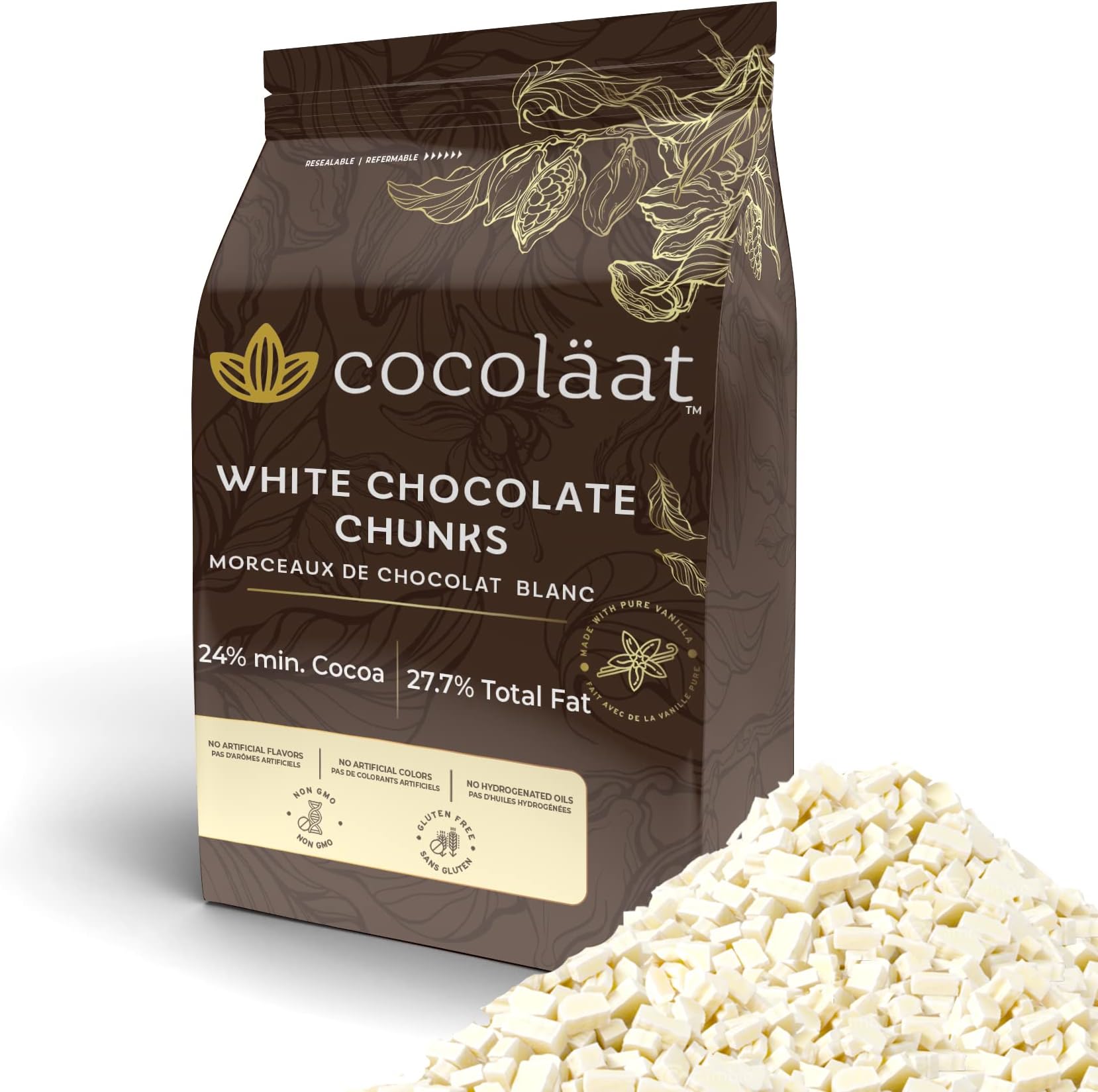 Cocolaat White Chocolate Chunks | 600 Count Size | Resealable Stand Up Pouch | 12 oz