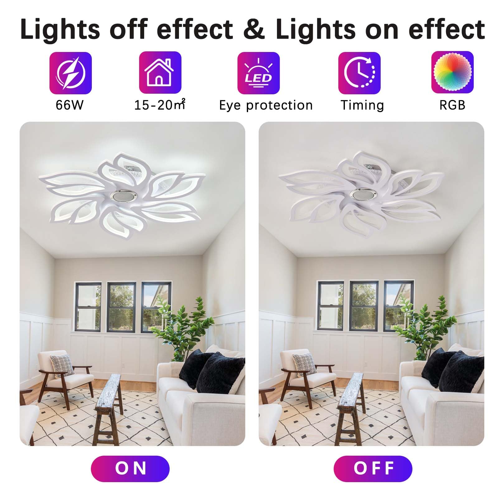 Plafoniera a Forma di Fiore Dimmerabile da 66W con Telecomando APP,Grande Lampadario Camera da Letto con Memoria,Plafoniera RGB con Altoparlante,per Soggiorno Sala Giochi e Feste-White||Audio