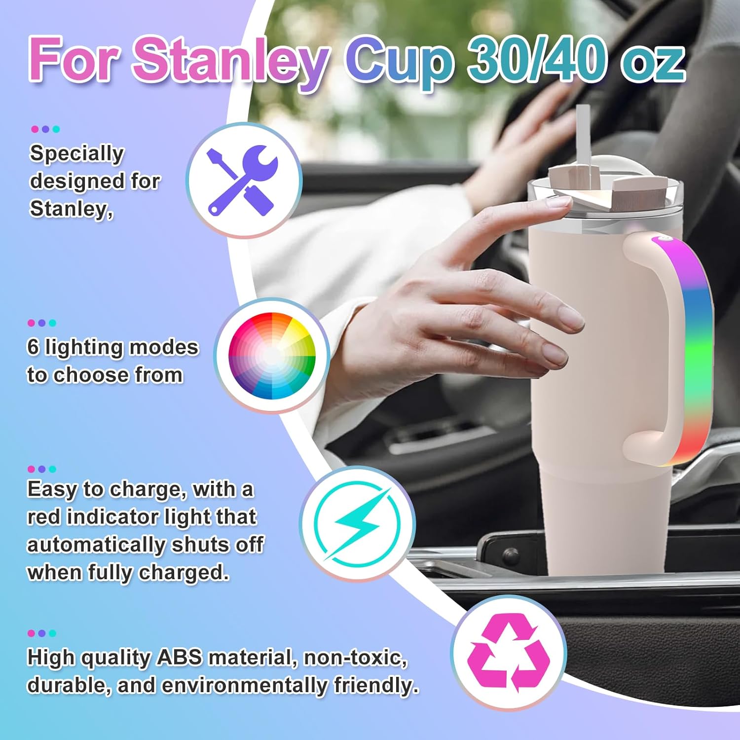 6 Colors LED Light-Up Tumbler Handle for Stanley 40oz/30oz Cups | Rechargeable Waterproof Handle Accessory for Outdoor, Camping,Parties,Home | Gift for Stanley Cup Lovers (2, Pink) - Image 3