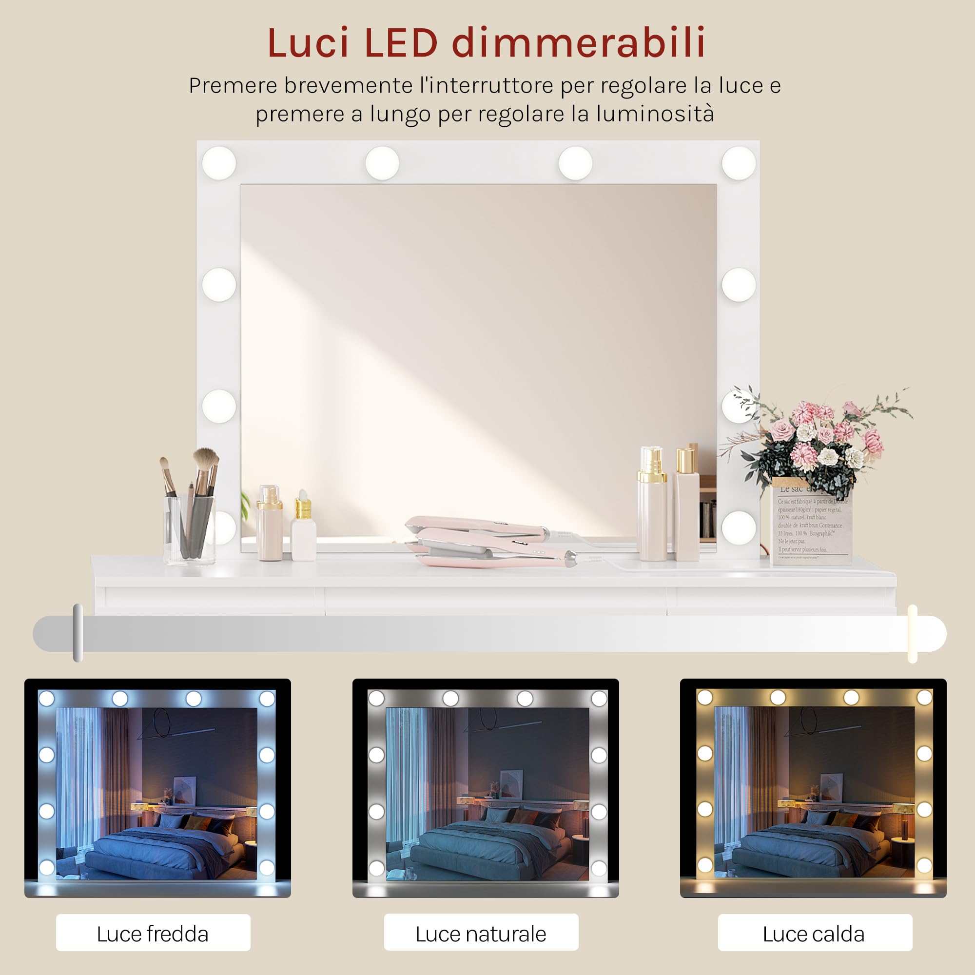 WOLTU Toeletta da Trucco con Specchio LED Regolabile, Sedia da Make Up, Seduta Imbottita, Tavolo da Trucco Moderno con Cassetti e 2 Prese, 1 USB-A e 1 USB-C, Cavo di 1,5 m, Bianco