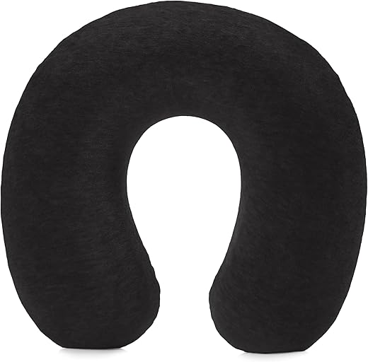 Amazon Basics Semicircular Memory Foam Travel Neck Pillow with Removable Cover and Elastic Carrying Strap, Black