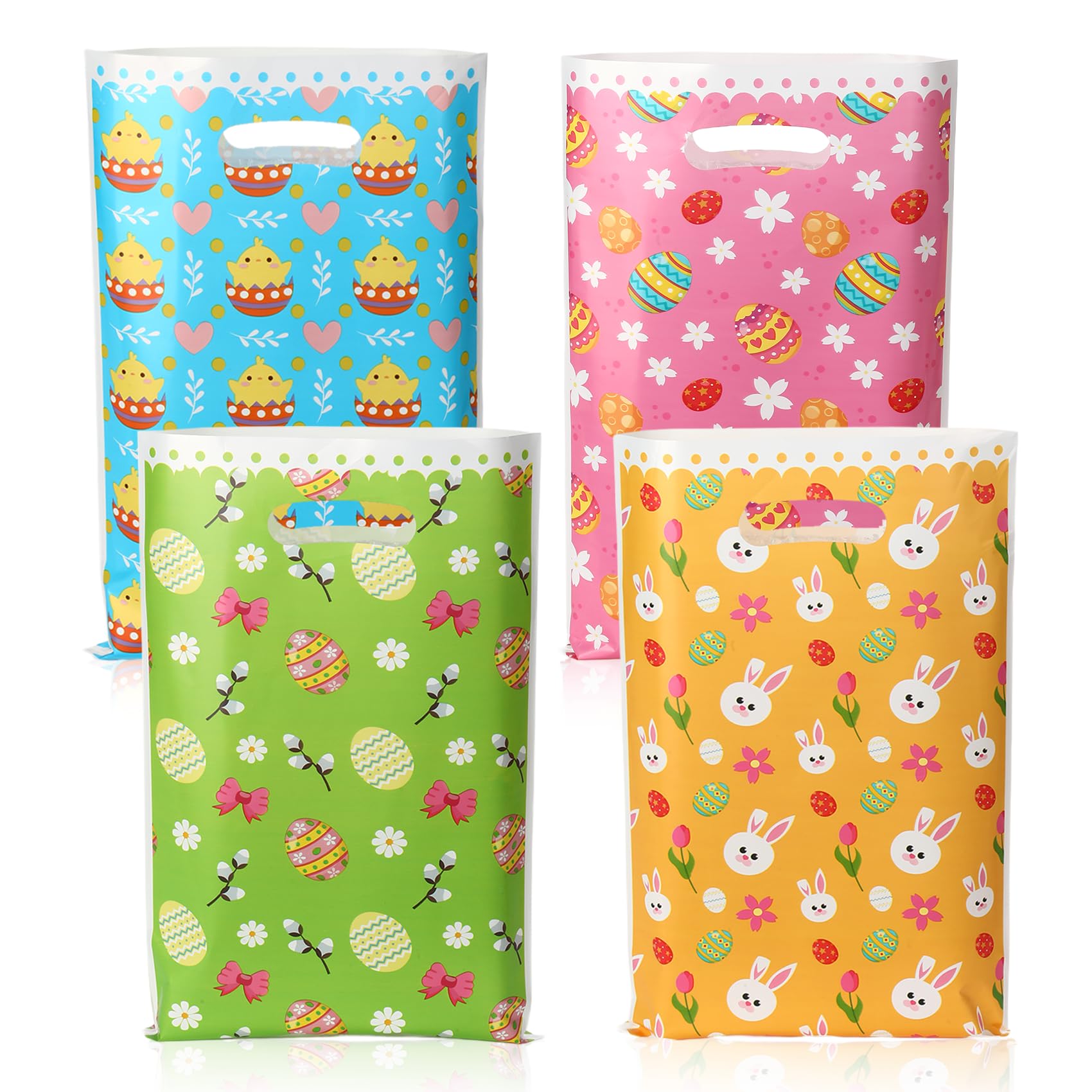 50 PCS Plastic Easter Bags with Handles(7.1x9.8 Inch) for Candy Goody Goodie Snack Cookie Gifts Wrap Bulk Rabbit Eggs Decor Easter Birthday Party Decorations Supplies Favors Spring Pouches Baggies