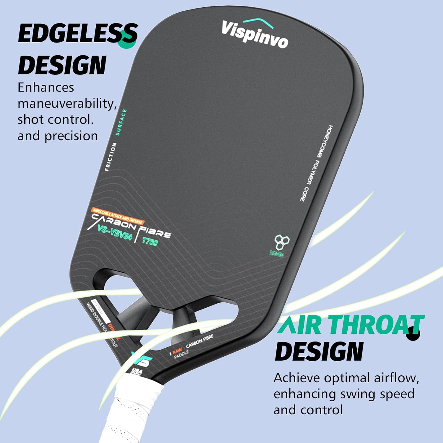 Pickleball Paddle Edgeless, 16MM T700 Thermoformed Raw Carbon Fiber Pickleball Paddle, USAPA Approved, Foam Injected Edges for Expanded Sweet Spot, Control and Balance