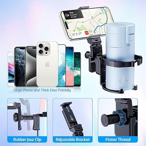 Miniatura 5 de WixGear Portavasos para cochecito con soporte para teléfono, portavasos para andador y silla de ruedas, soporte versátil para teléfono para