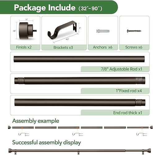 Miniatura 29 de Barras de cortina para ventanas de 28 a 48 pulgadas, barra de cortina ajustable de 1 pulgada, barra de cortina larga resistente para ventana, barras
