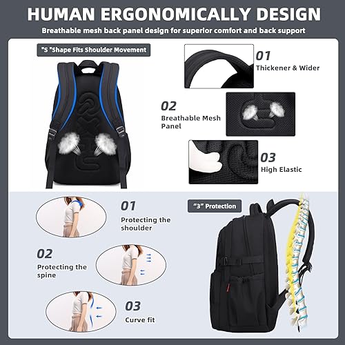 Miniatura 3 de ASKSKY Mochila para la escuela, mochila ligera para niños y niñas, mochila escolar para adolescentes, para hombres y mujeres, Negro -, Mochilas