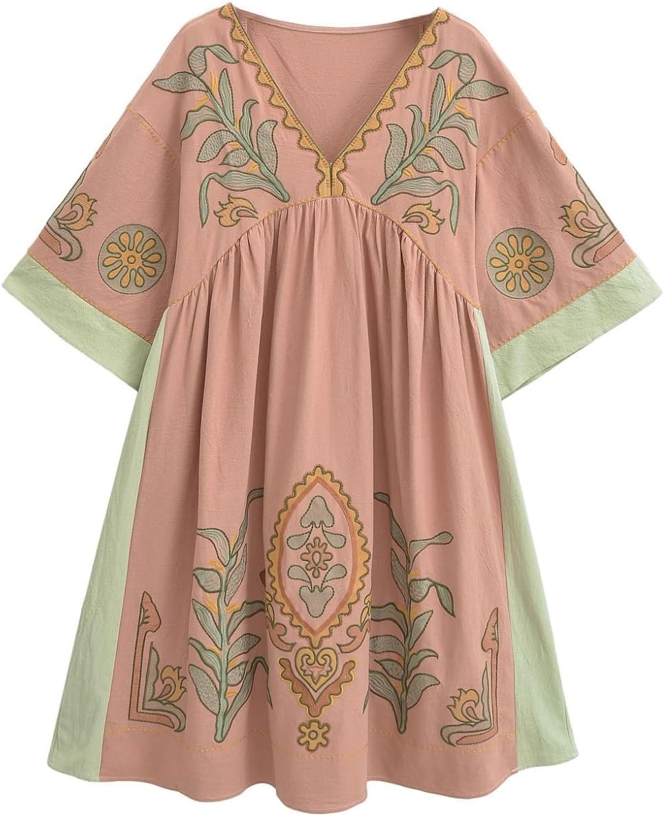 Womens Oversized Floral Embroidered Long Dress with V-Neck and 3/4 Sleeves Vintage Embroidery Babydoll Dress - Image 3