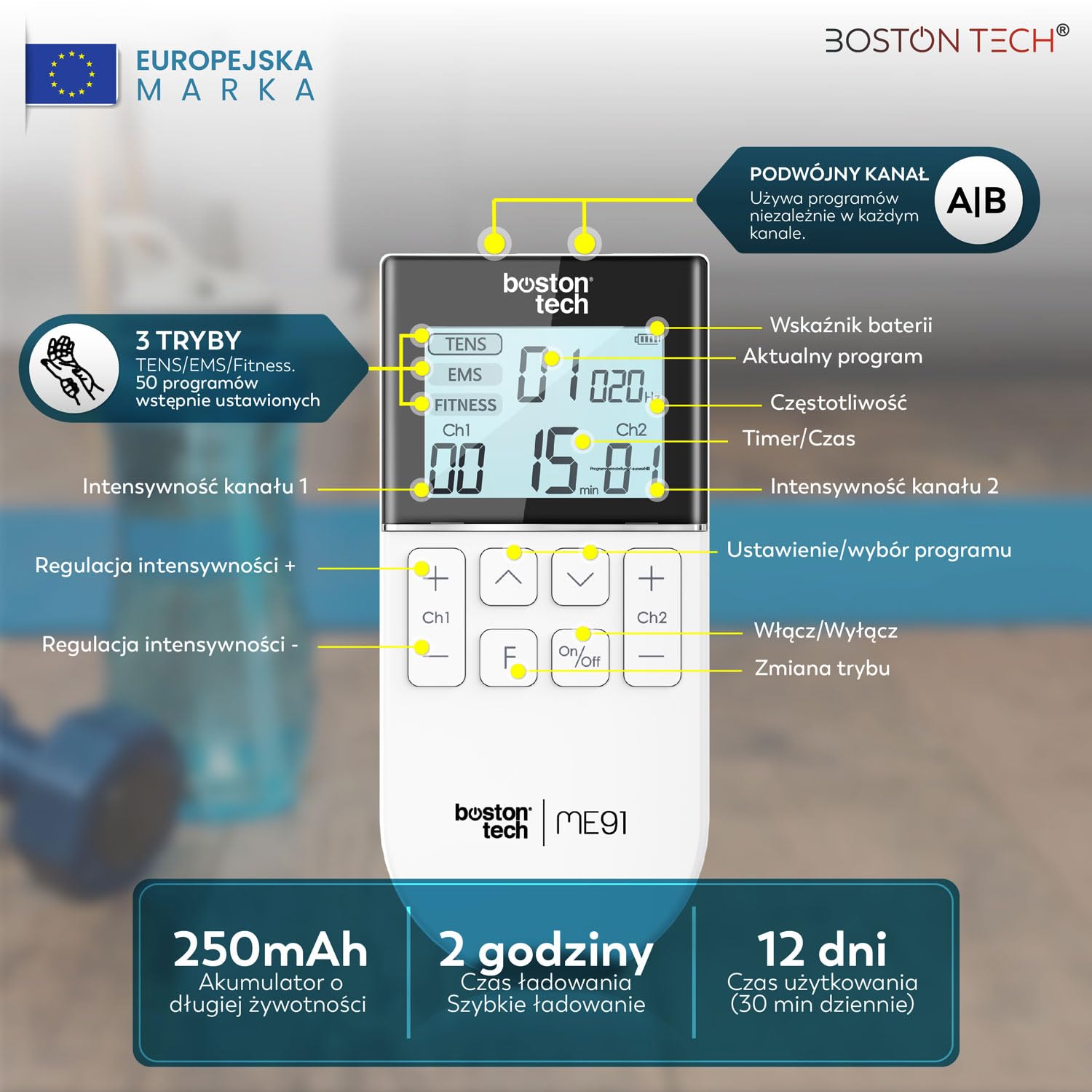 Boston Tech Elektrostymulator mięśni. TENS z 2 niezależnymi kanałami, z 3 trybami pracy TENS/EMS/Fitness. 50 ustalonych programów. 4 elektrody + 16 w prezencie, łącznie 20