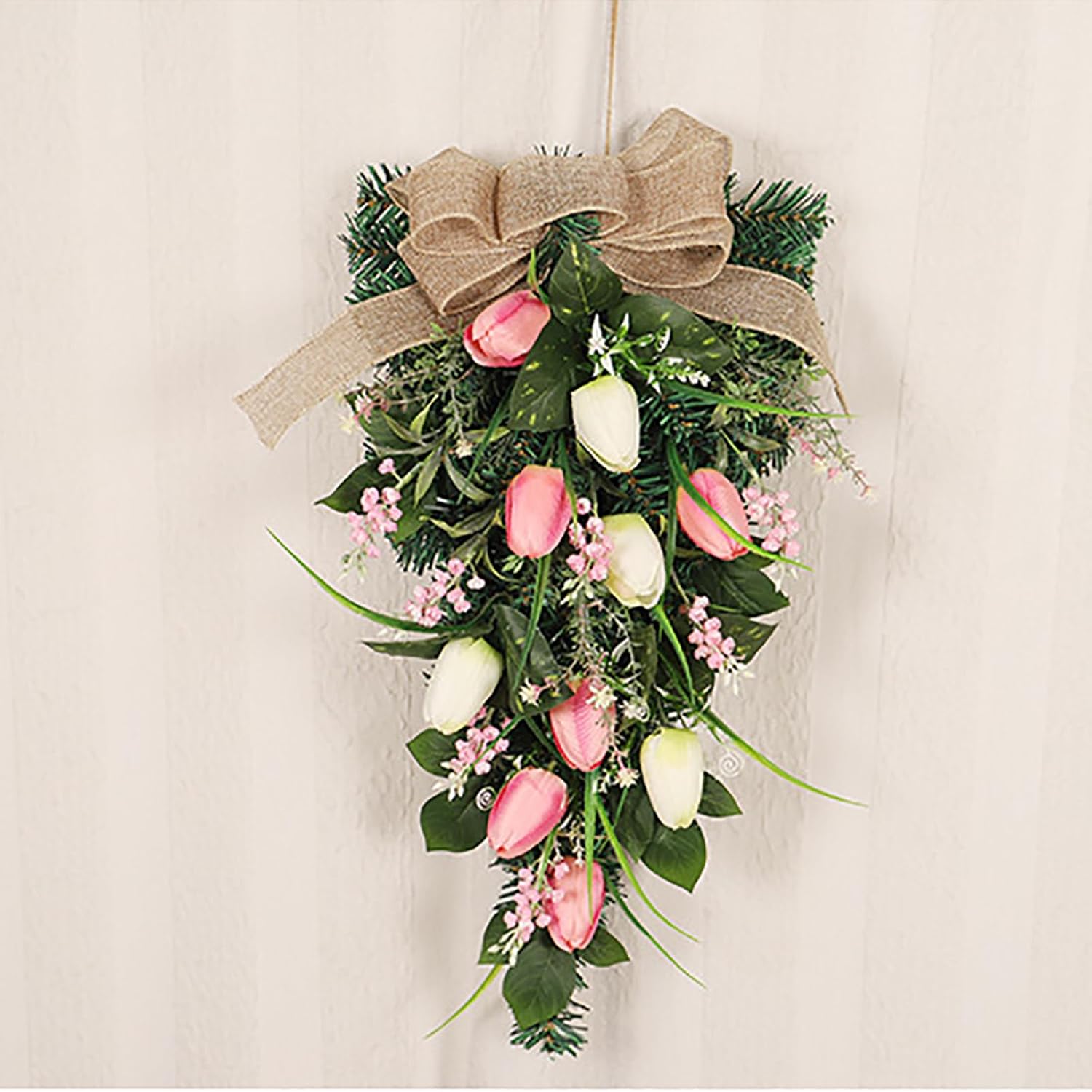 MINGZHE Artificial Tulips Spring Teardrop Swag Front Door Grapevine Wreath Front Door Teardrop Summer Wreath andmade Easter Flower Swag Wreath Decoration for Home Indoors Ourdoors(Colorful)