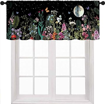 Boho Floral Kitchen Valance,Black Floral Flower Moon Rustic Wildflower Leaves Botanical Spring Garden Plants Window Treatments for Kitchen Living Room Laundry Room 1 Piece,54x18 Inch
