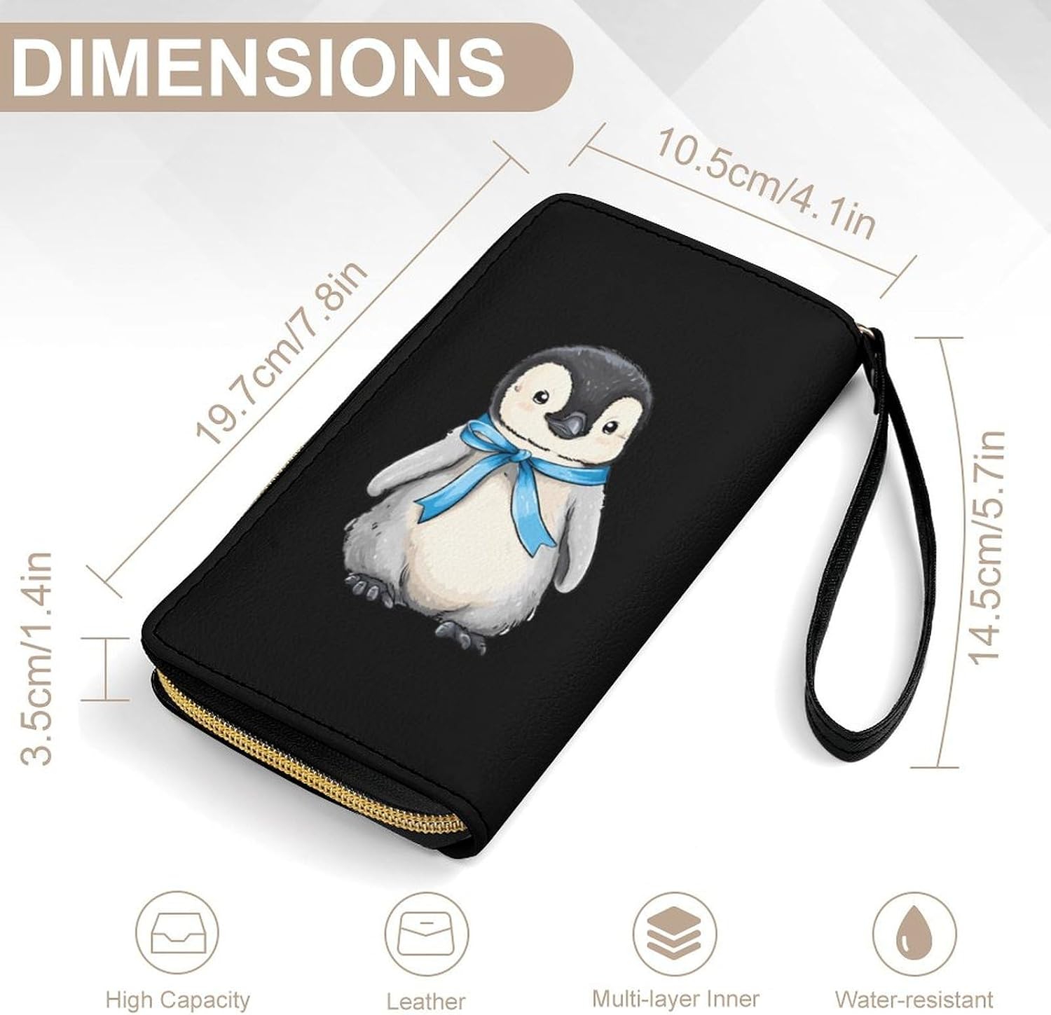 Cute Penguins with Blue Ribbon Long Zippered Pouch Large Clutch Cash Wallet with Rope Handle for Men Women