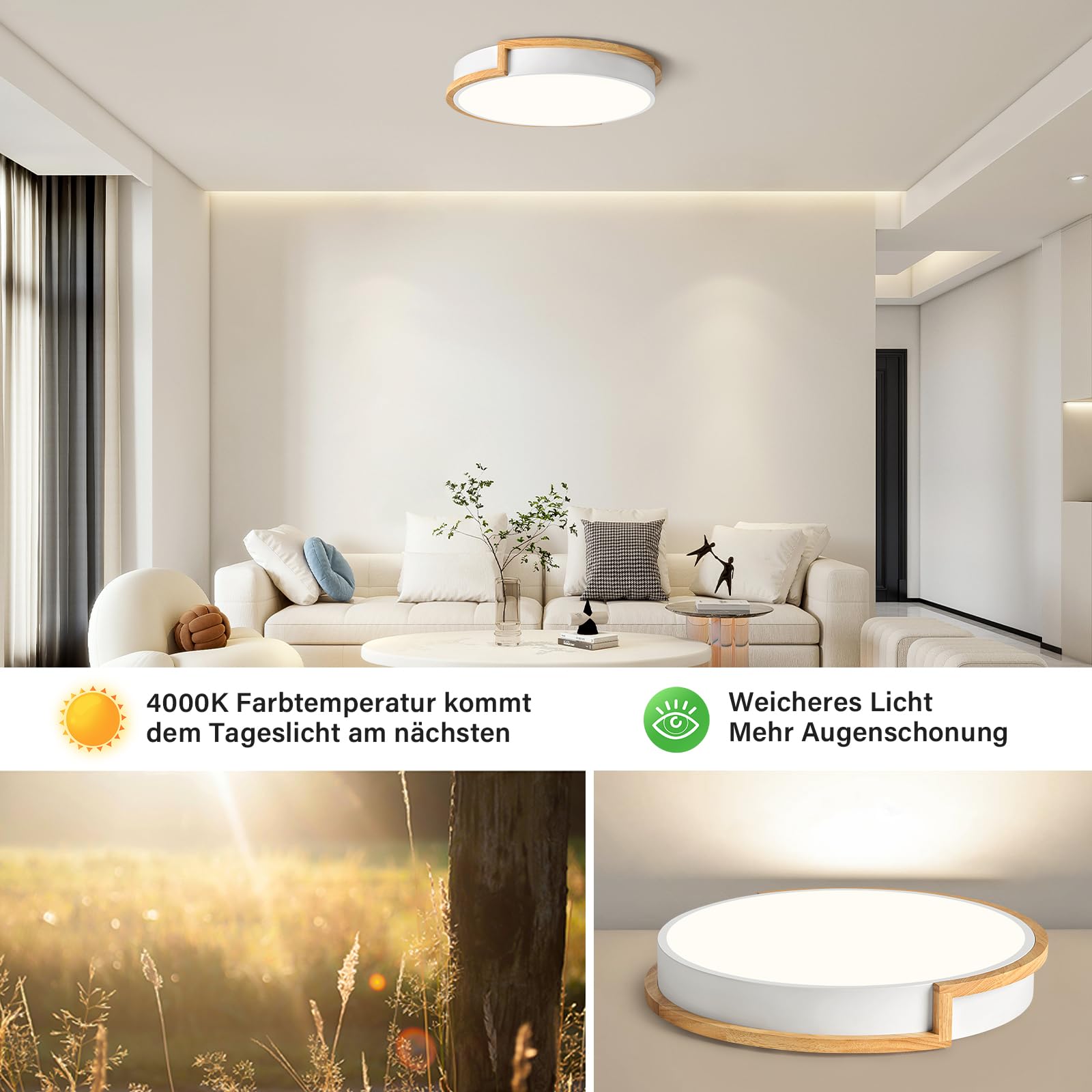 LED Deckenleuchte, Weiß Deckenlampe 40cm, 36W Lampe mit Holz für Schlafzimmer Wohnzimmer Küche Flur Esszimmer 4000K