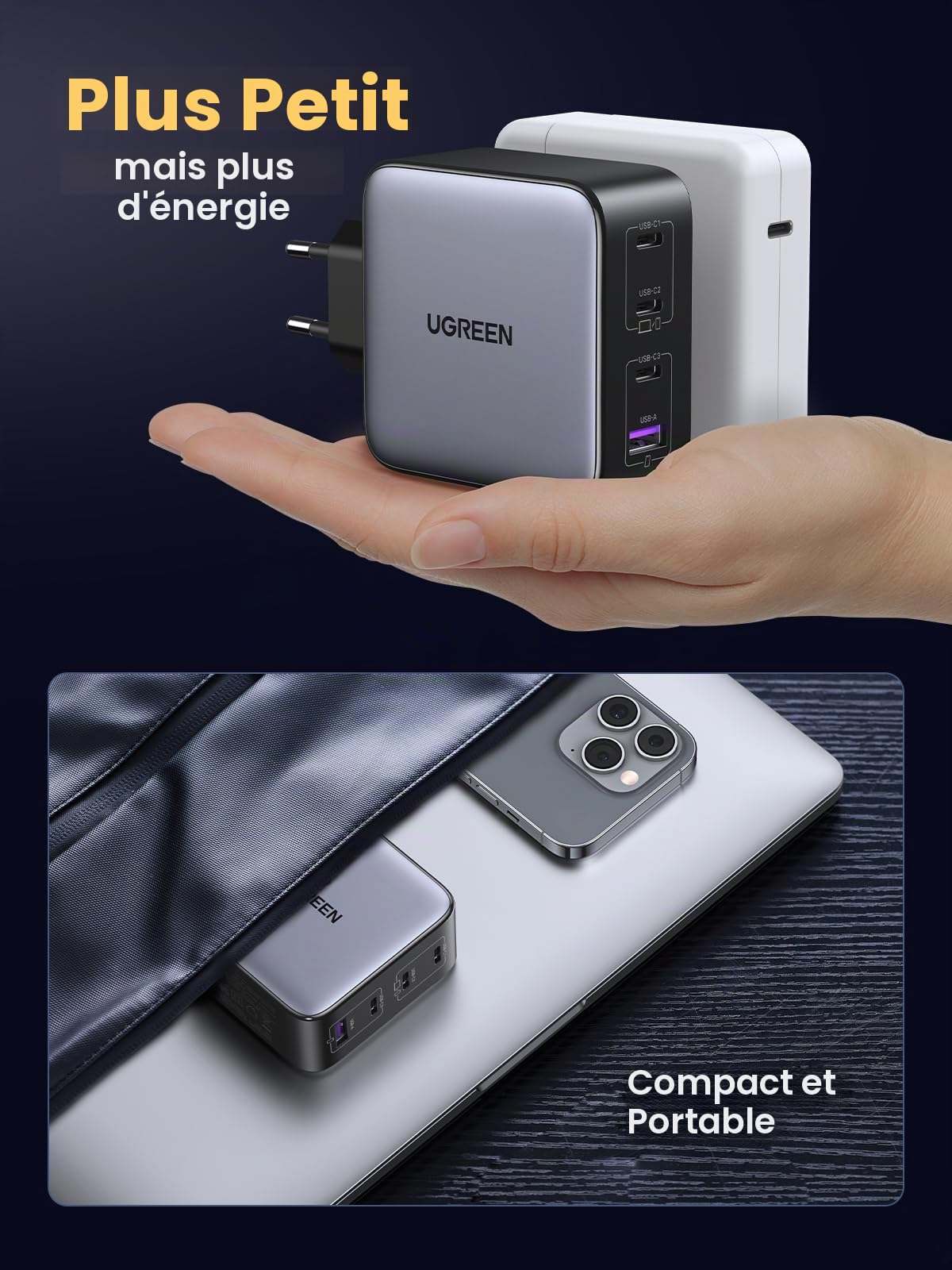 UGREEN 100W GaN Chargeur USB C Rapide 4 Ports avec 0,5M Câble USB C