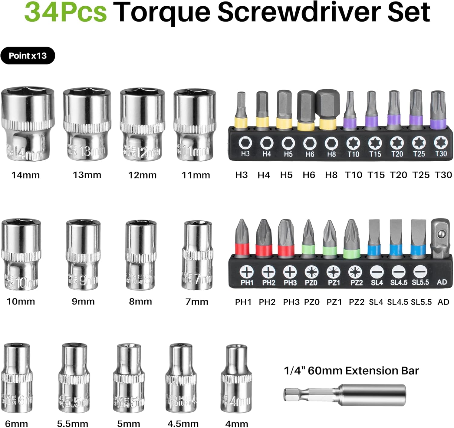 35Pcs Torque Screwdriver, 10-80In-lb Wrench Driver Set, 1/4" Drive Inch Pound Torque Screwdriver with S2 Bits, Extension Bar for Maintenance, Tools, DIY, Bike Repairing and Mounting
