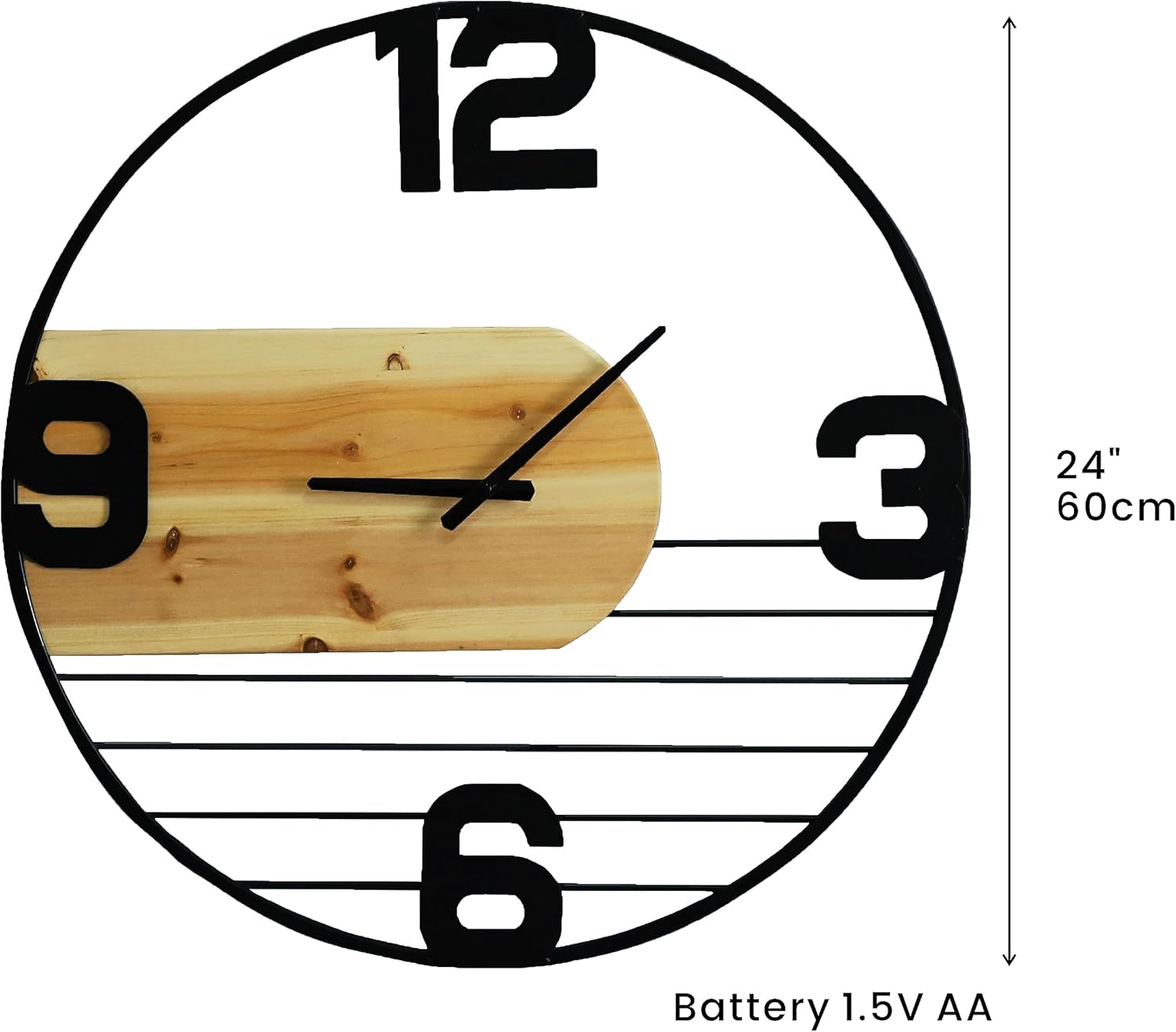 [PJ Collection] 24 Inch Large Metal Wall Clock, Oversized Numeral Wood Decorative Metal Wall Clock, Battery-Operated Precise Quartz Clock