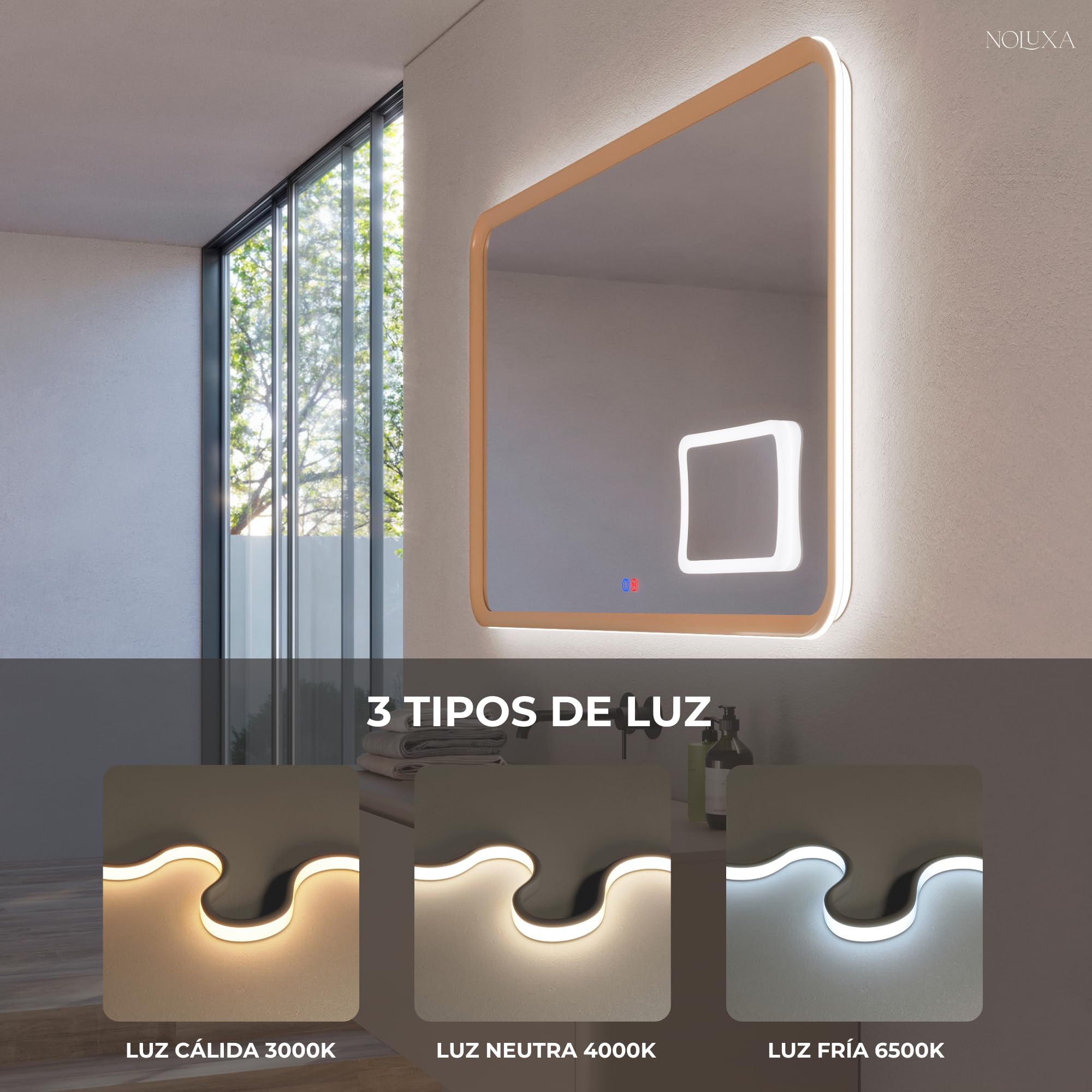 LEDIMEX Lustro łazienkowe ze światłem LED i funkcją zapobiegającą parowaniu 100 x 80 cm, lustro z podświetleniem Tri-LED (ciepłe, neutralne i zimne) i czujnikiem ON/OFF, prostokątne lustro ścienne z 3