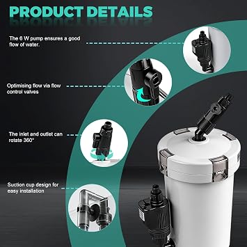 EXLECO External Aquarium Filter 400L/H 6W Fish Tank Filter Adjustable Flow with Filter Material and Hose Aquariums Tube, Aquarium Filter Pump for Fish Tank Less than 300L HW-603B