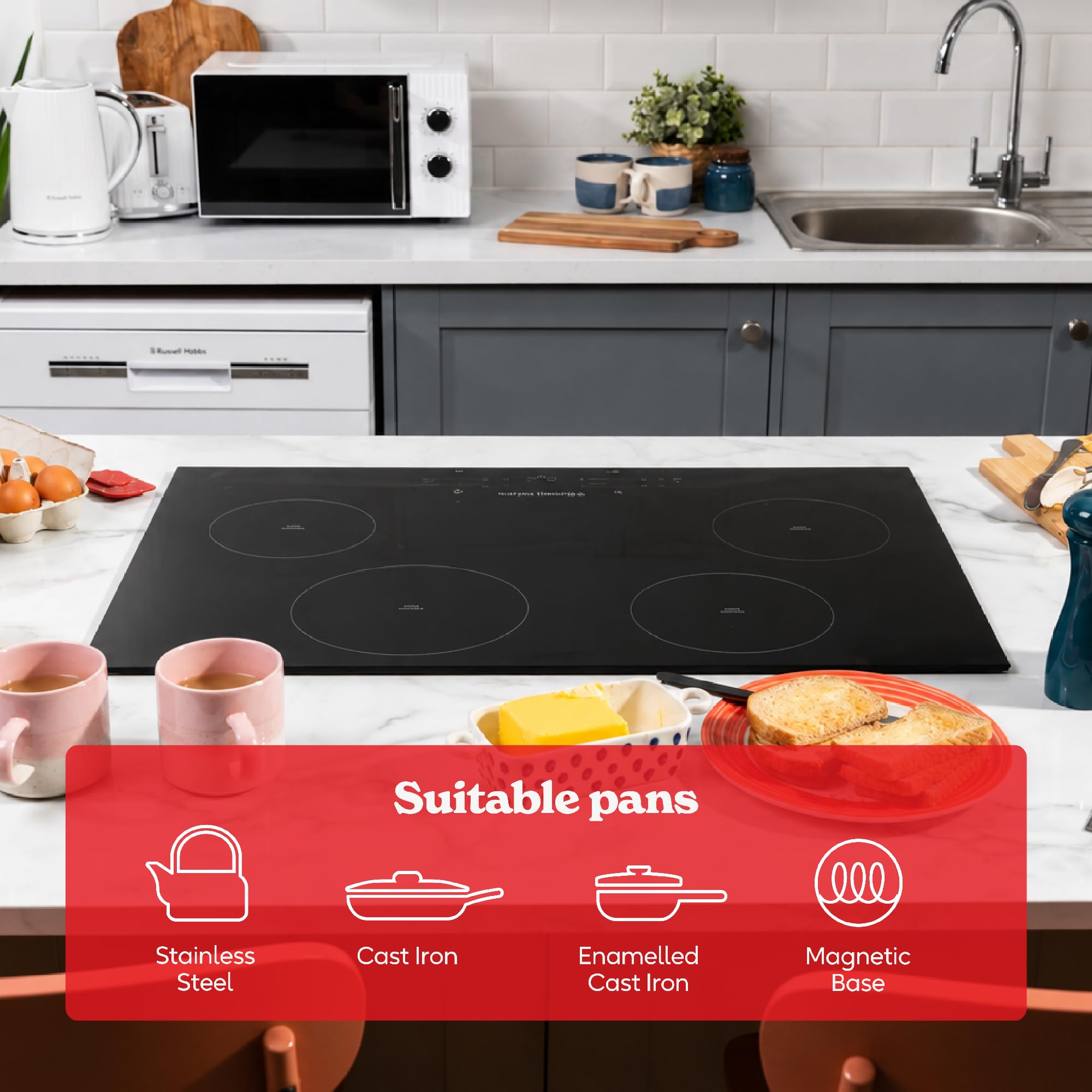 Russell Hobbs Placa de inducción de 77 cm con 4 zonas de cocción, control táctil deslizante, temporizador de 99 minutos, función Boost, 9 niveles de potencia de etapas, potencia de 7000 W e