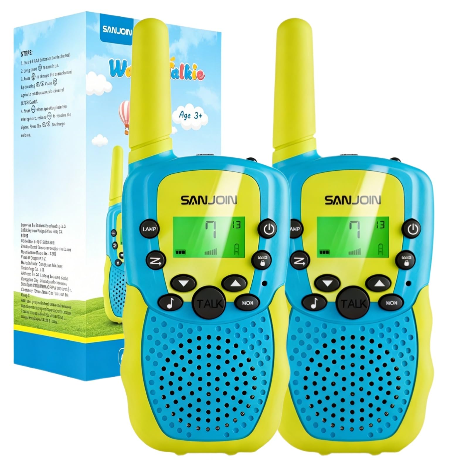 SANJOIN 2 Pack Kids Walkie Talkies,Toys for 3-12 Year Old Boys Girls Outdoor Games,3 Miles Range Walkie Talkie for Camping,4-8 Year Old Boy Girl Birthday Gifts for Age 3 4 5 6 7 8 9 10 11 12 Green-Blue