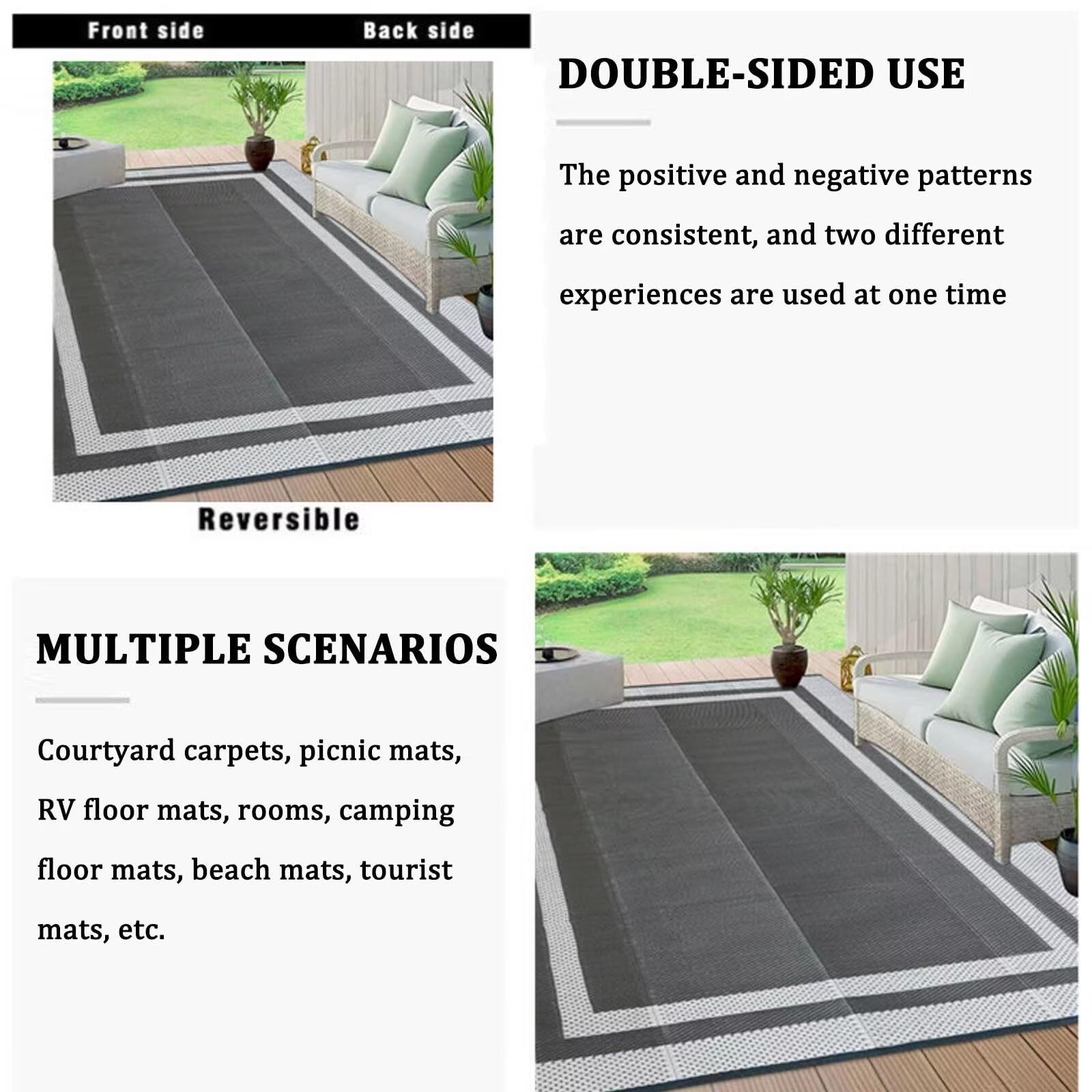 Tappeto impermeabile extra large per esterni, 610 x 760 cm, leggero, nero e bianco, tappeto da patio, resistente alla pioggia, tappetino in plastica intrecciata per uso esterno