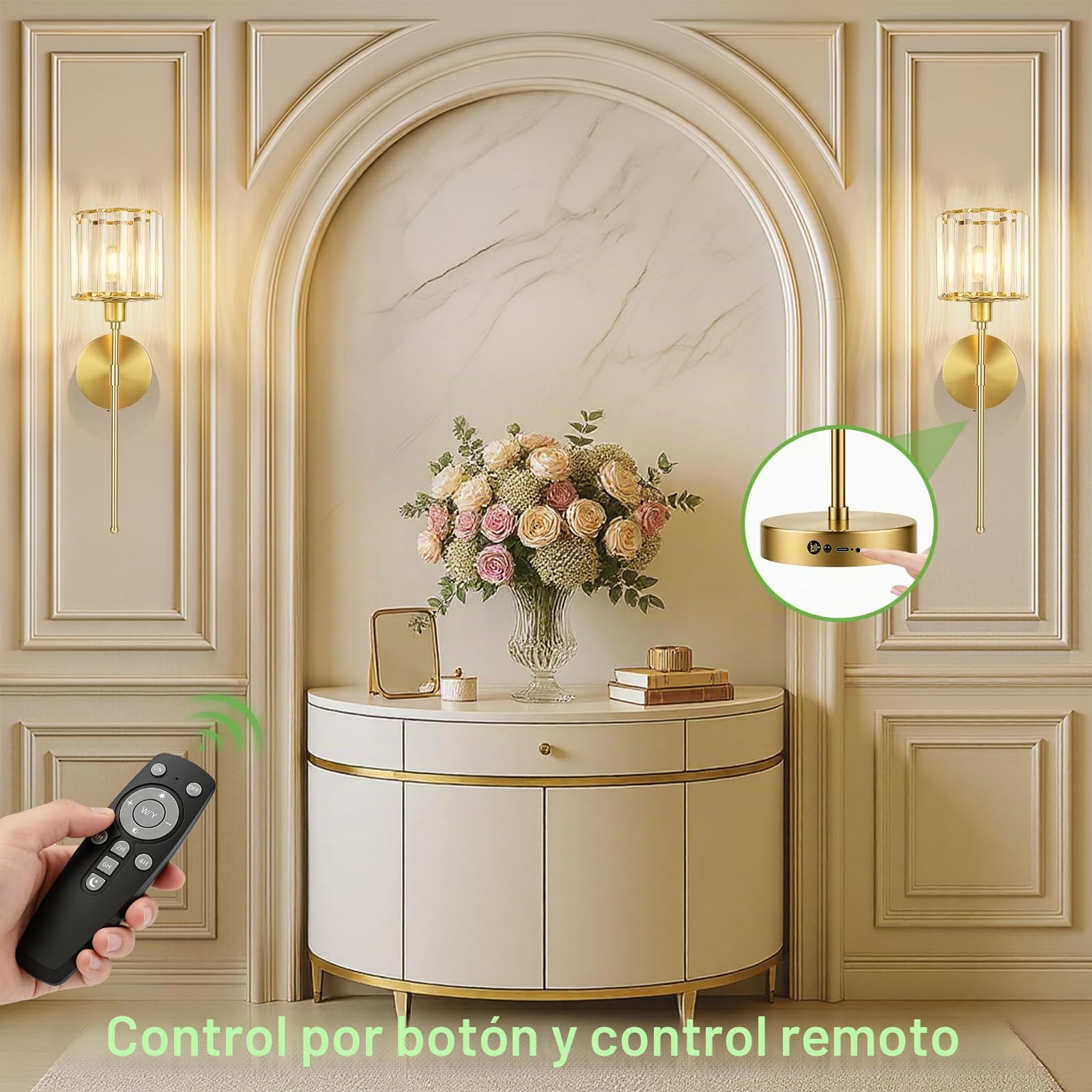 Kimjo Aplique Pared Interior Sin Cable de Cristal, Lampara Pared Recargable | 4000mAh Dorado Aplique Pared Recargable, USB-C Dimmable Lámparas de pared con Mando a Distancia, Temporizador, 2 Pieza