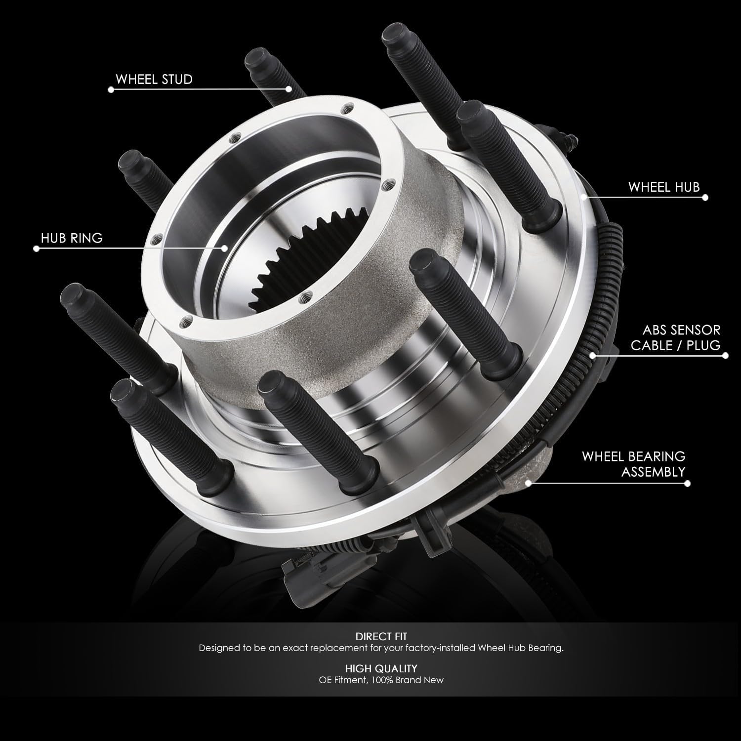 Auto Dynasty Factory Style Front Wheel Bearing Hub Assembly with ABS Sensor Cable and Plug Compatible with Ford F250 F350 Super Duty 4WD 2017-2021, Driver or Passenger Side, Bare Steel