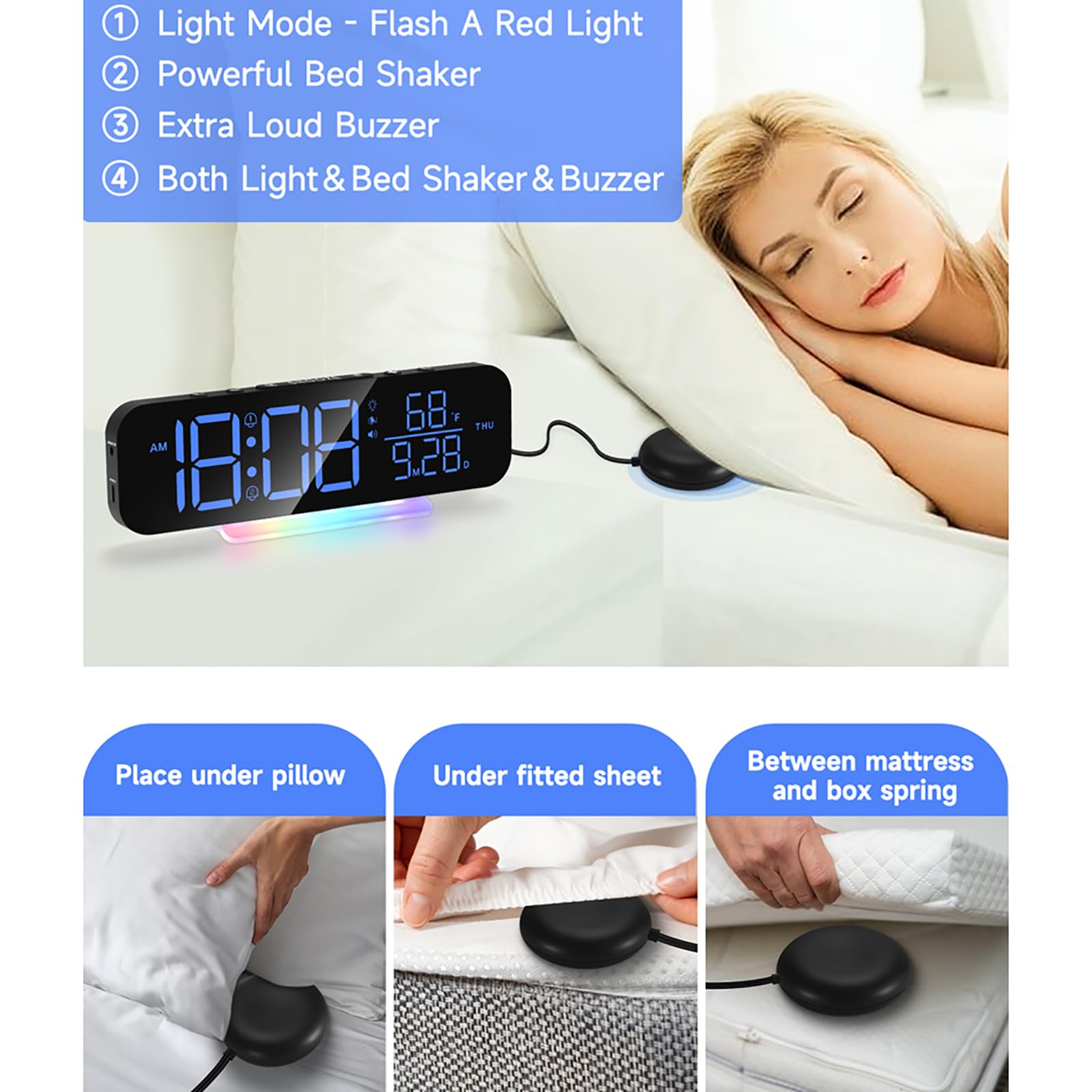 Reloj despertador vibratorio para sordos, alarma digital súper fuerte con agitador de cama, sonido y brillo ajustables, ideal para personas mayores y personas con discapacidad auditiva