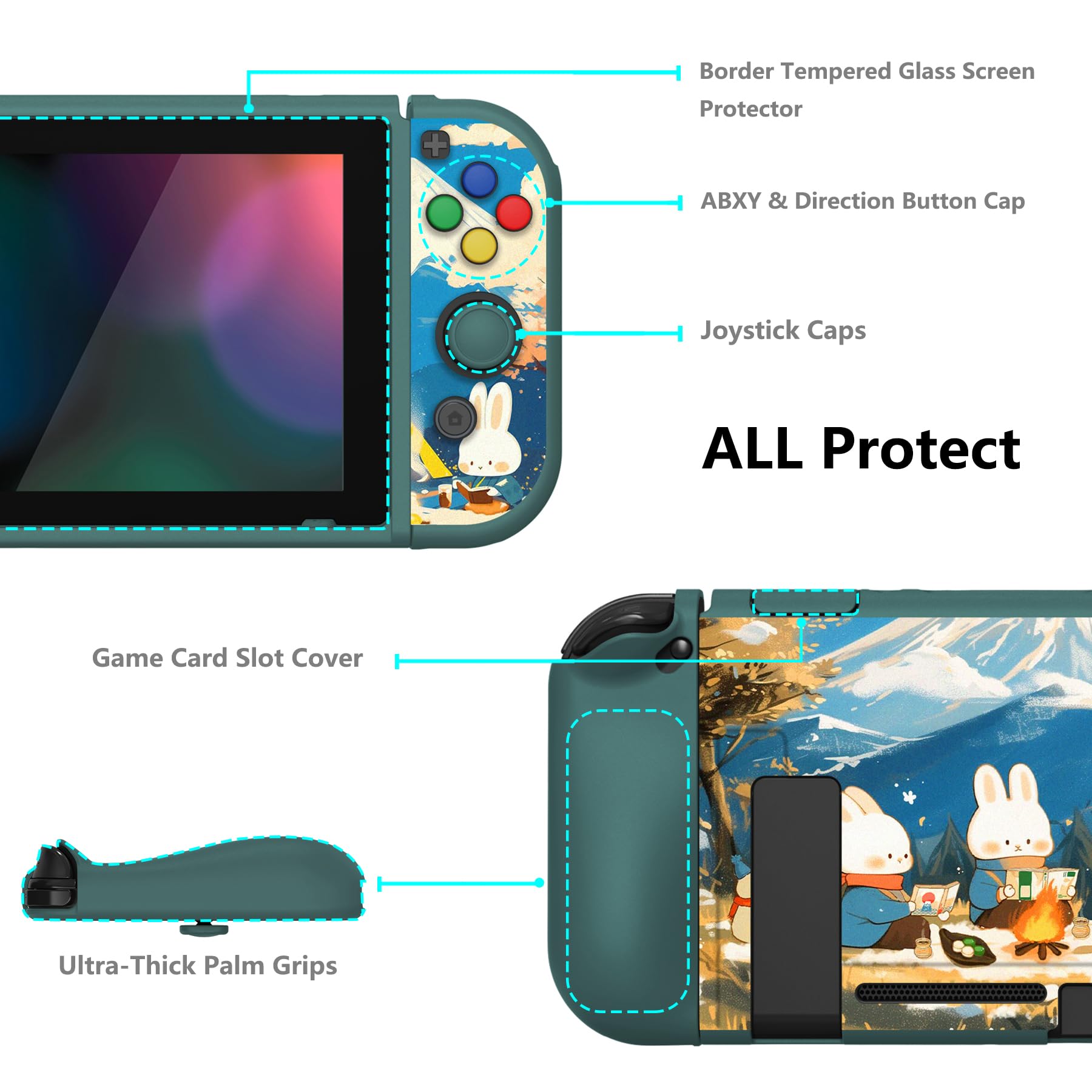 PlayVital Cover Custodia per Nintendo Switch,Copertura TPU Pellicola Vetro Temperato Protezione Copri Analogici Accessori per Switch Joycon Console-ZealProtect-Conigli da Campeggio